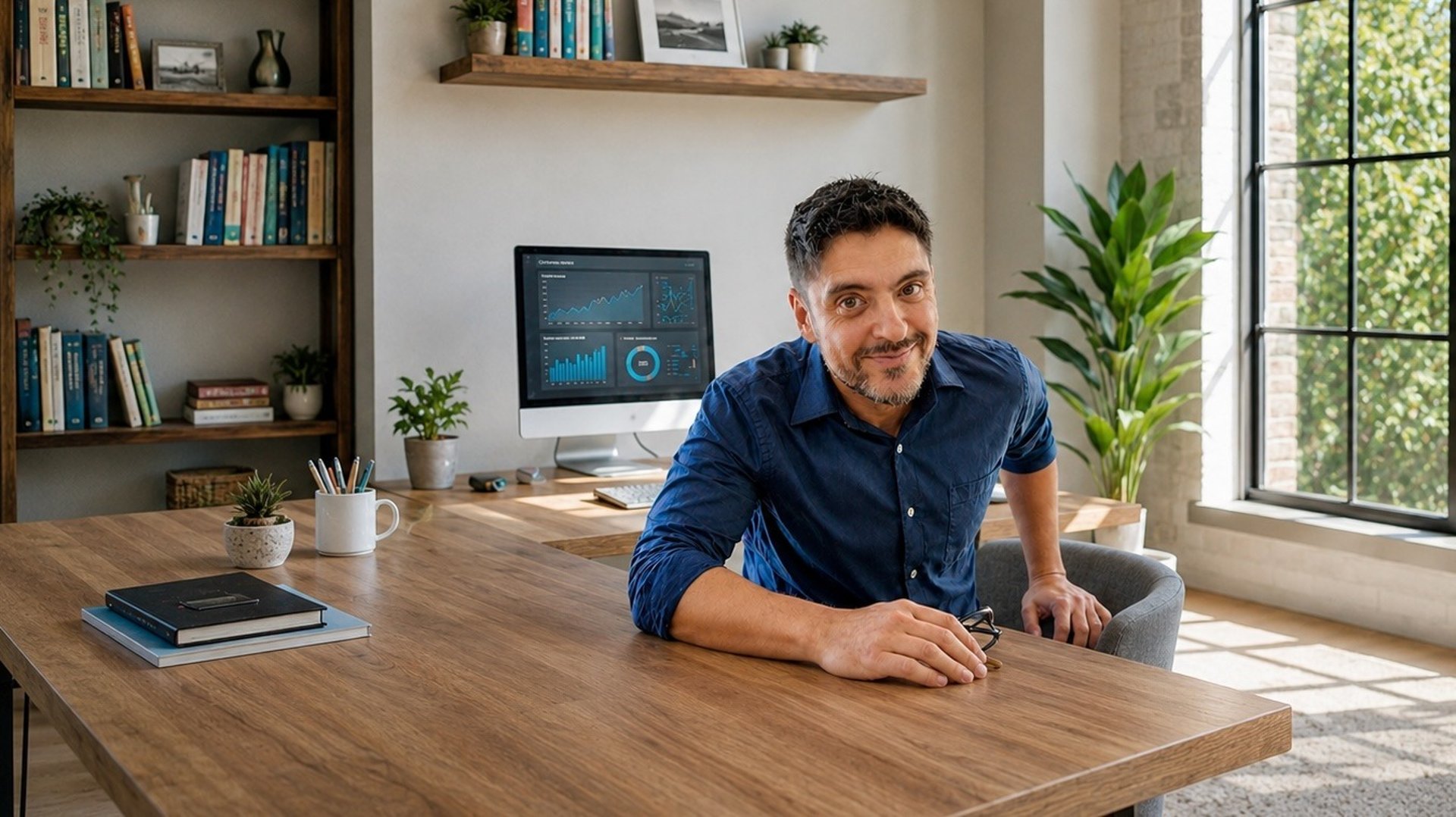  A smiling life coach in a blue buttoned shirt sitting across a desk in a luxurious home office by a window