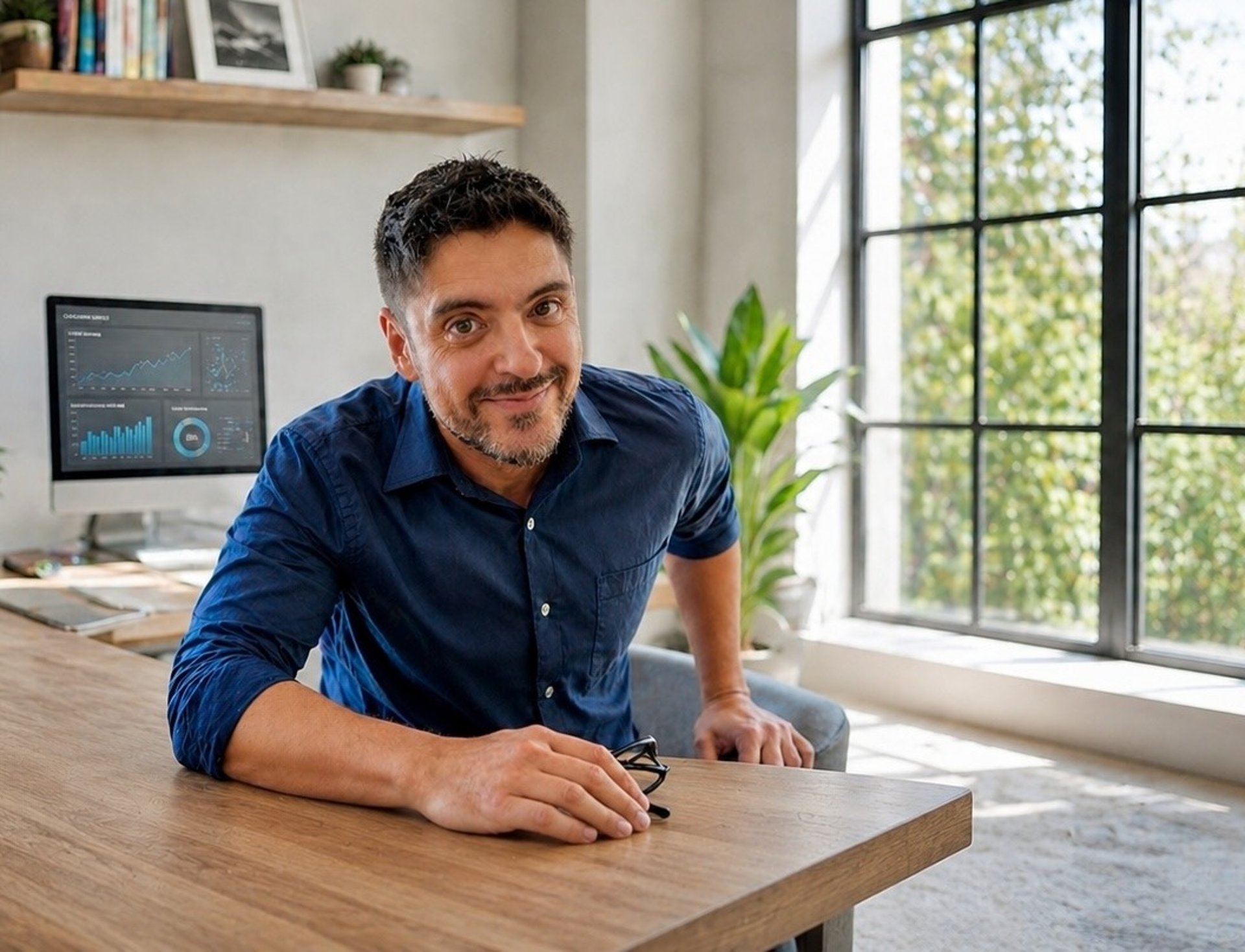  A smiling life coach in a blue buttoned shirt sitting across a desk in a luxurious home office by a window