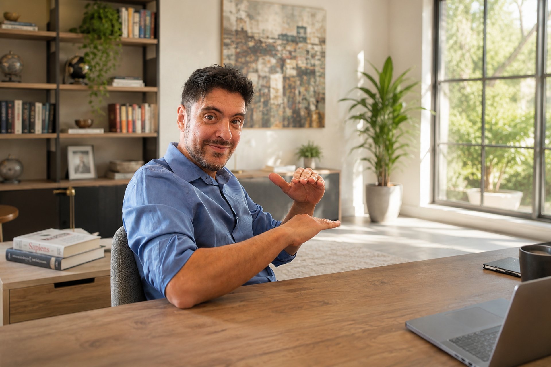  A smiling life coach in a blue buttoned shirt sitting across a desk in a luxurious home office by a window