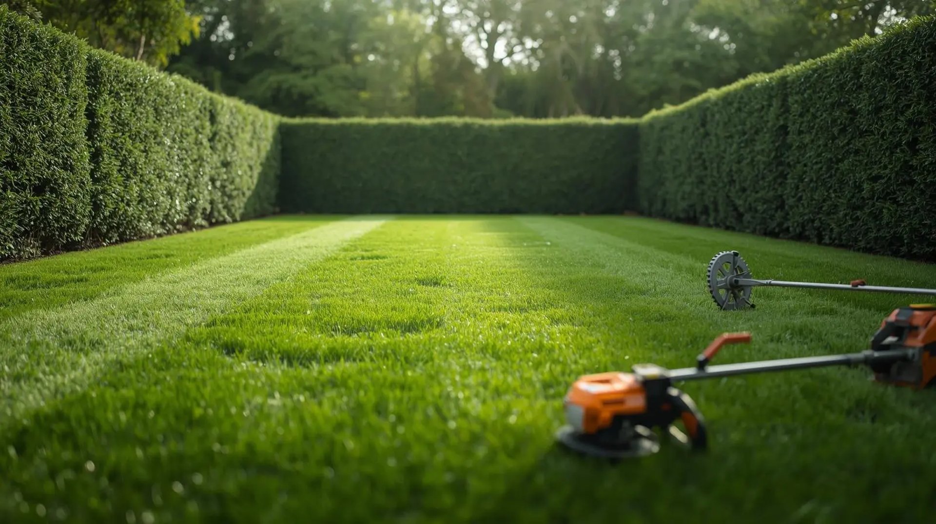 Remise en état de grand jardin à Belfort avec herbe dense et haies épaisses
