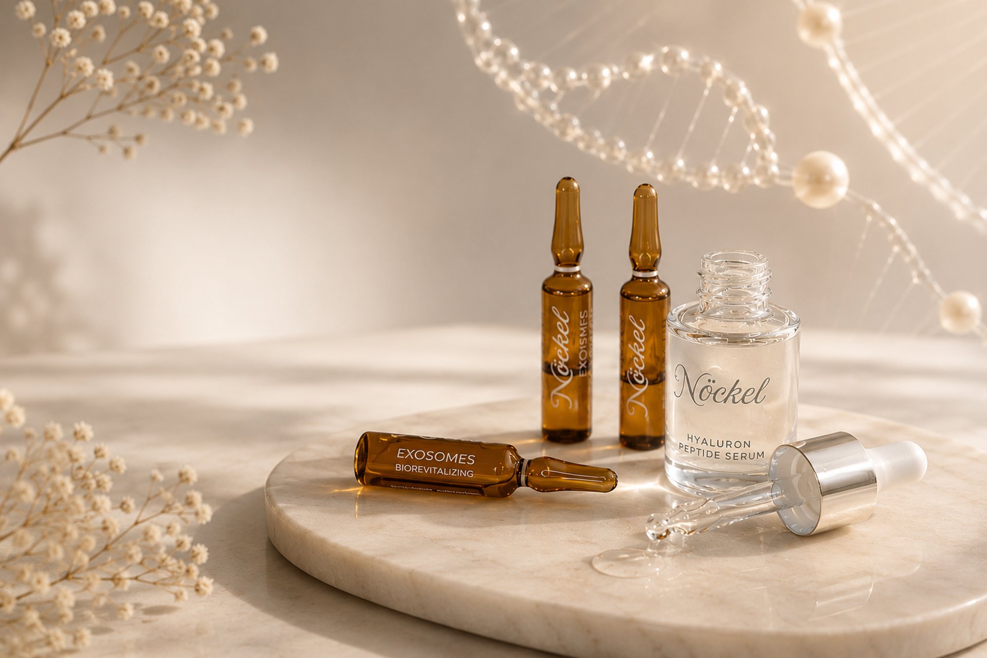 Luxuriöses NÖCKELKosmetik-Set mit Serum, Schutzcreme und Applikator in eleganter Box auf neutralem Hintergrund.