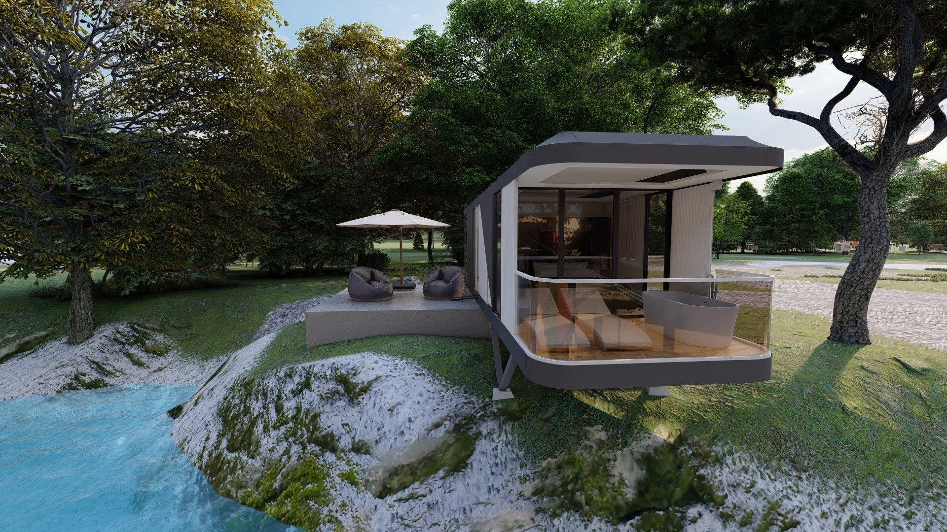 an abstract photo of a curved building with a blue sky in the background