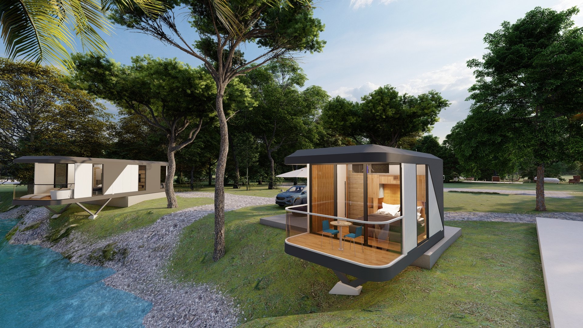 an abstract photo of a curved building with a blue sky in the background