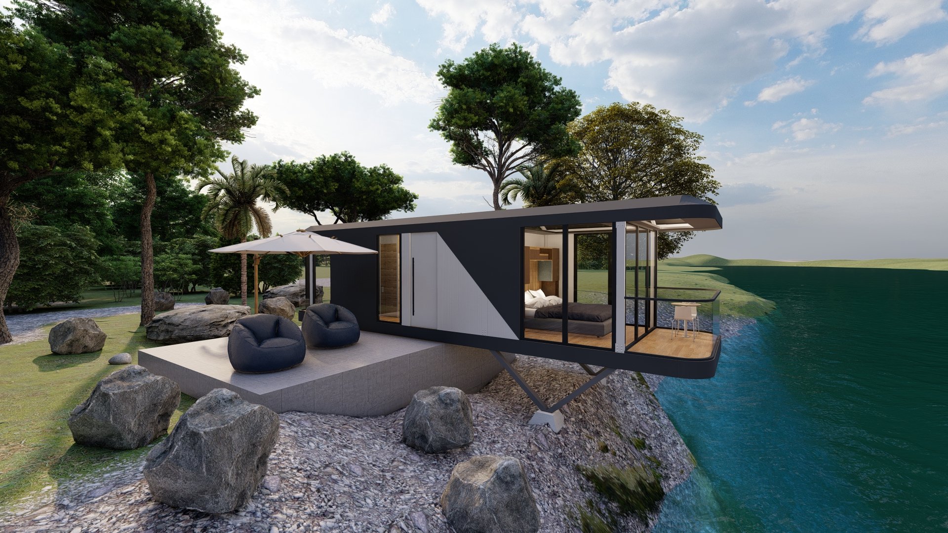 an abstract photo of a curved building with a blue sky in the background