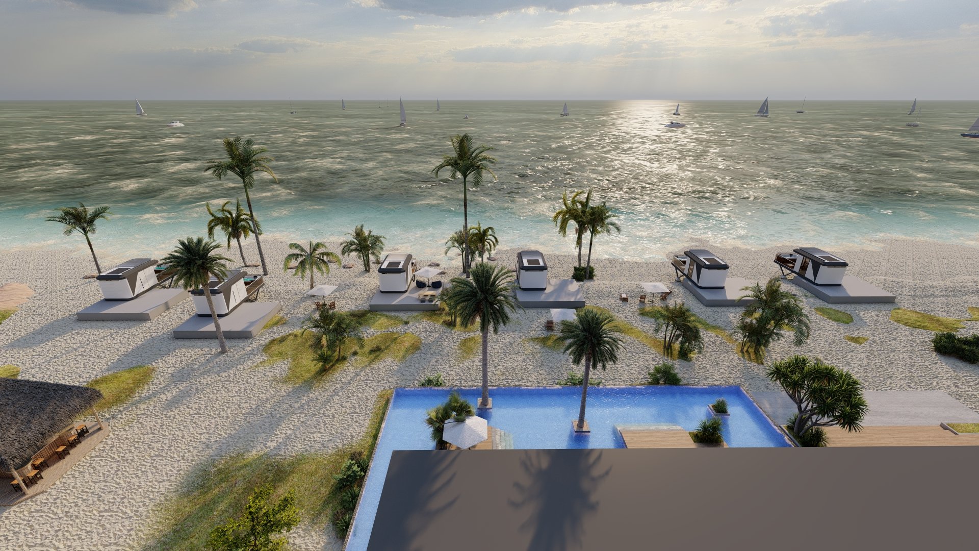an abstract photo of a curved building with a blue sky in the background