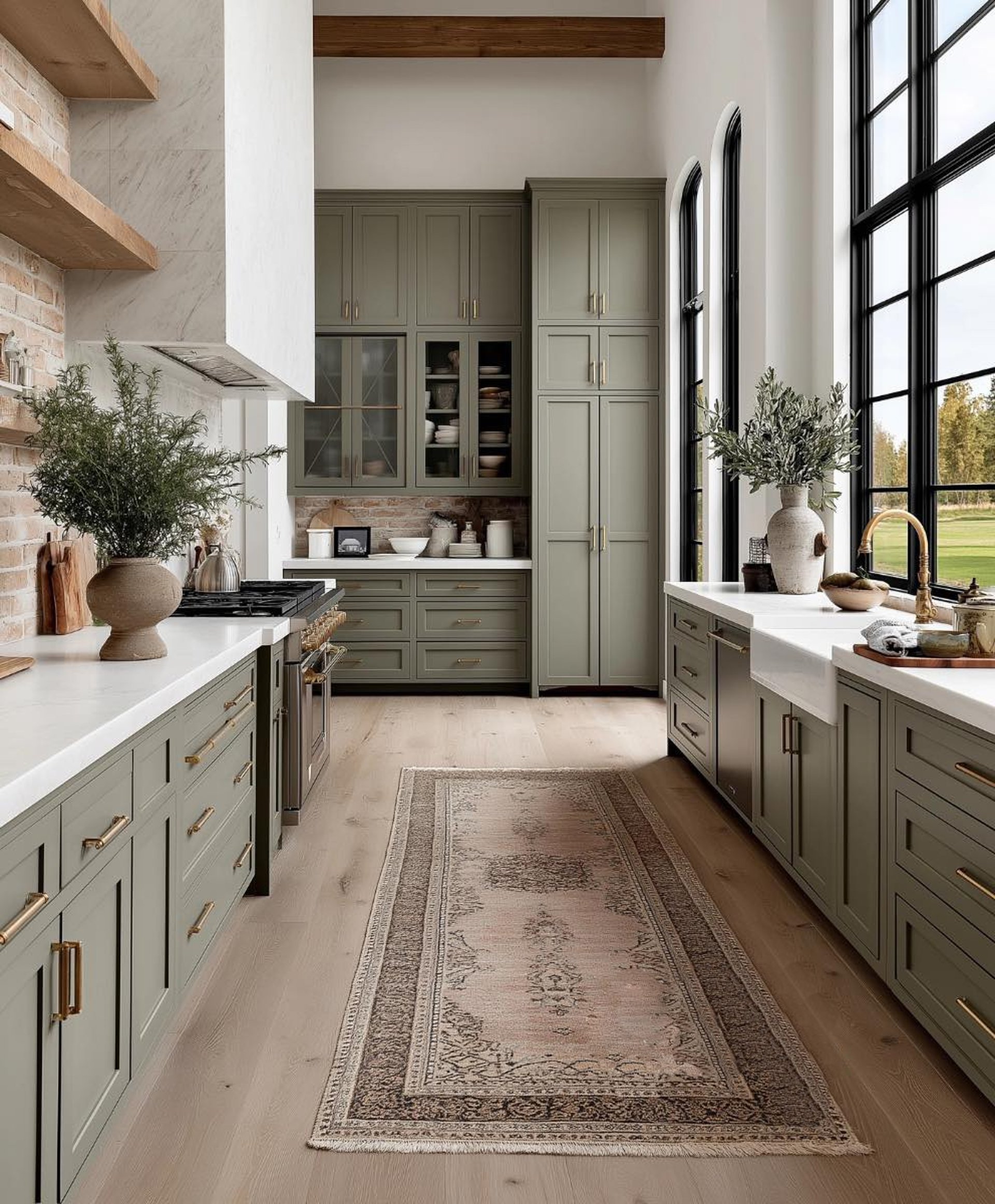 Beautifully remodeled transitional kitchen with light green cabinets, quartz countertops, wood floors, and a farmhouse sink