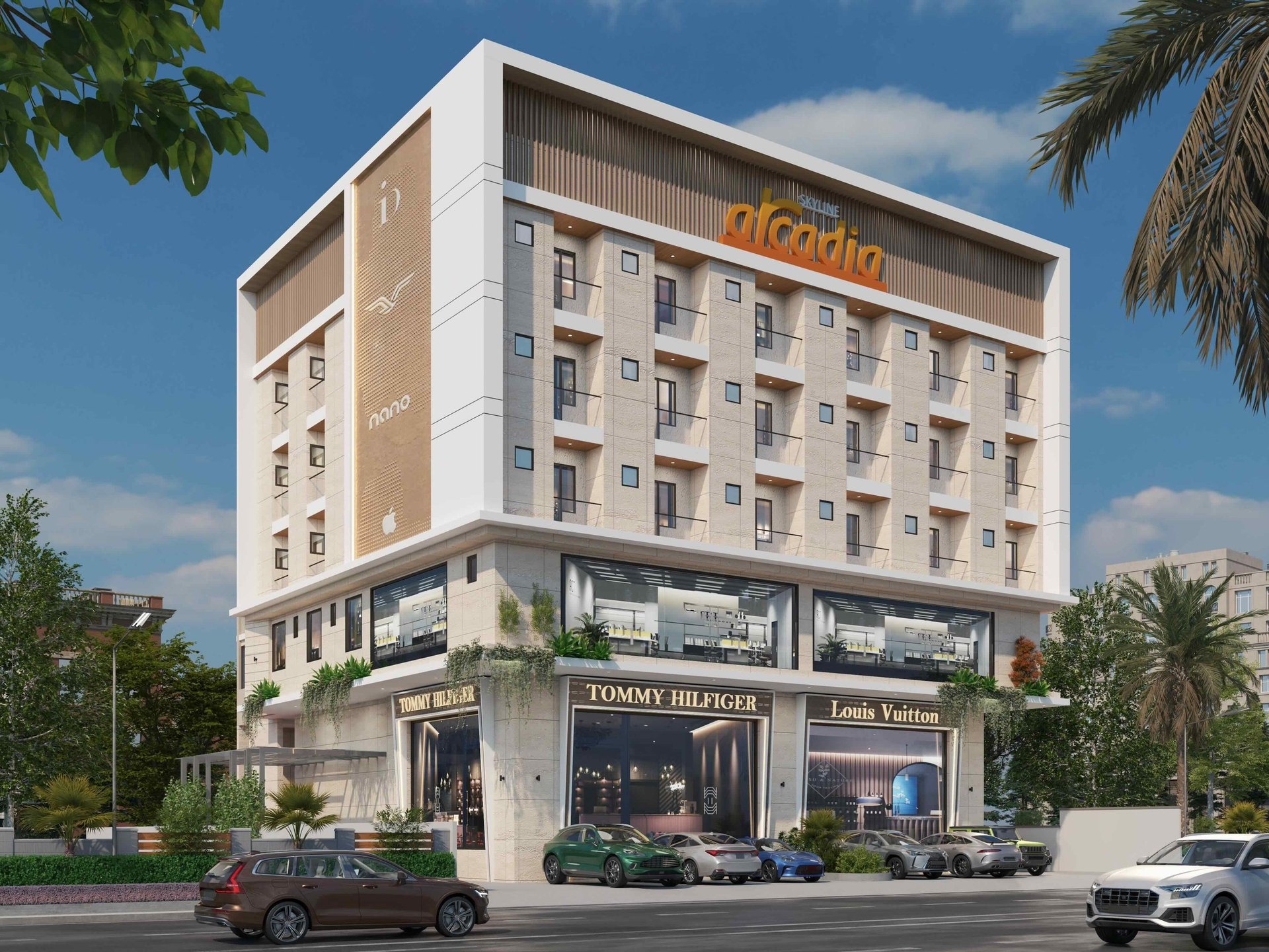 an abstract photo of a curved building with a blue sky in the background