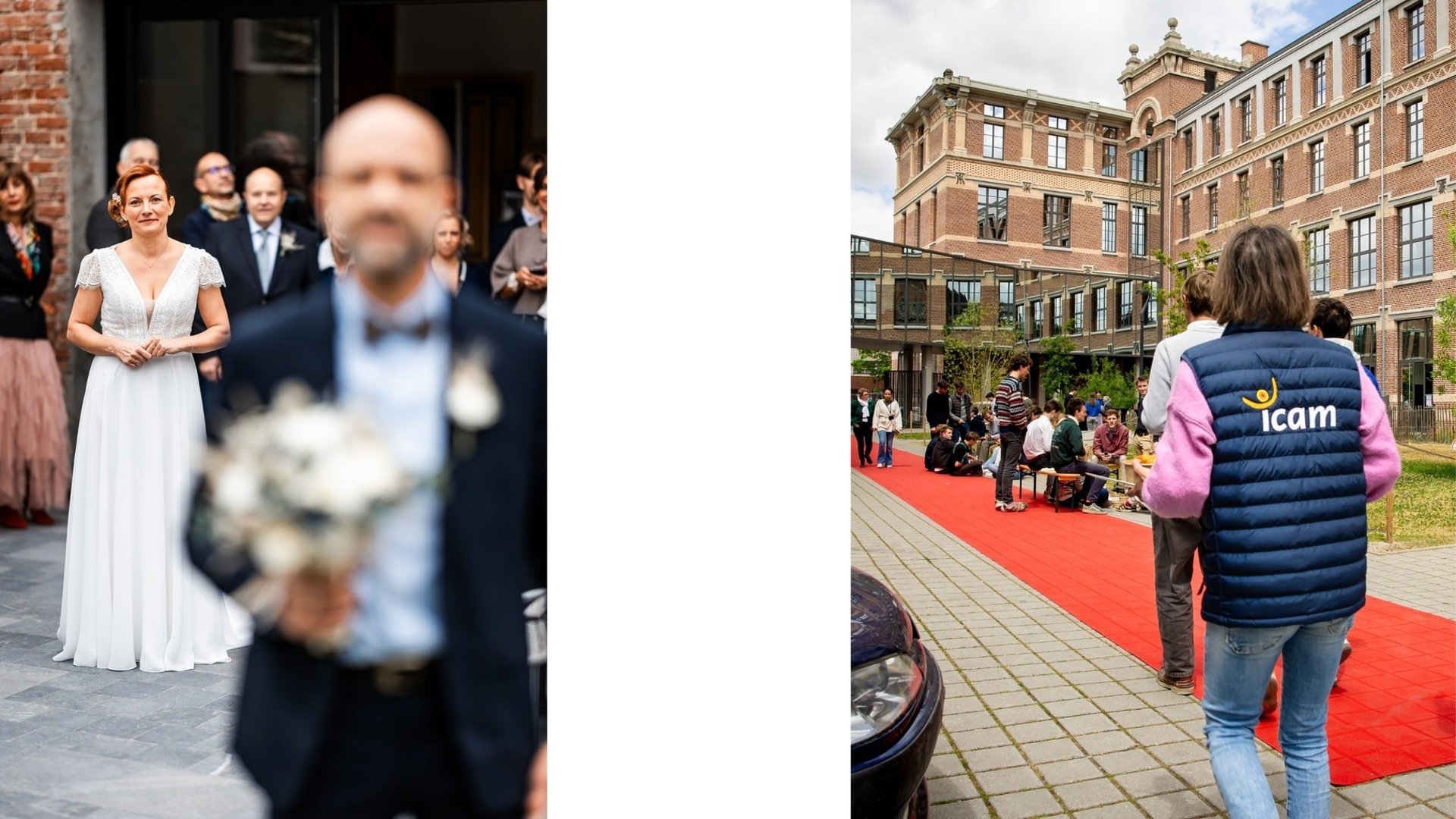 Une mariée d'un coté avec une femme de dos en doudoune bleu marine