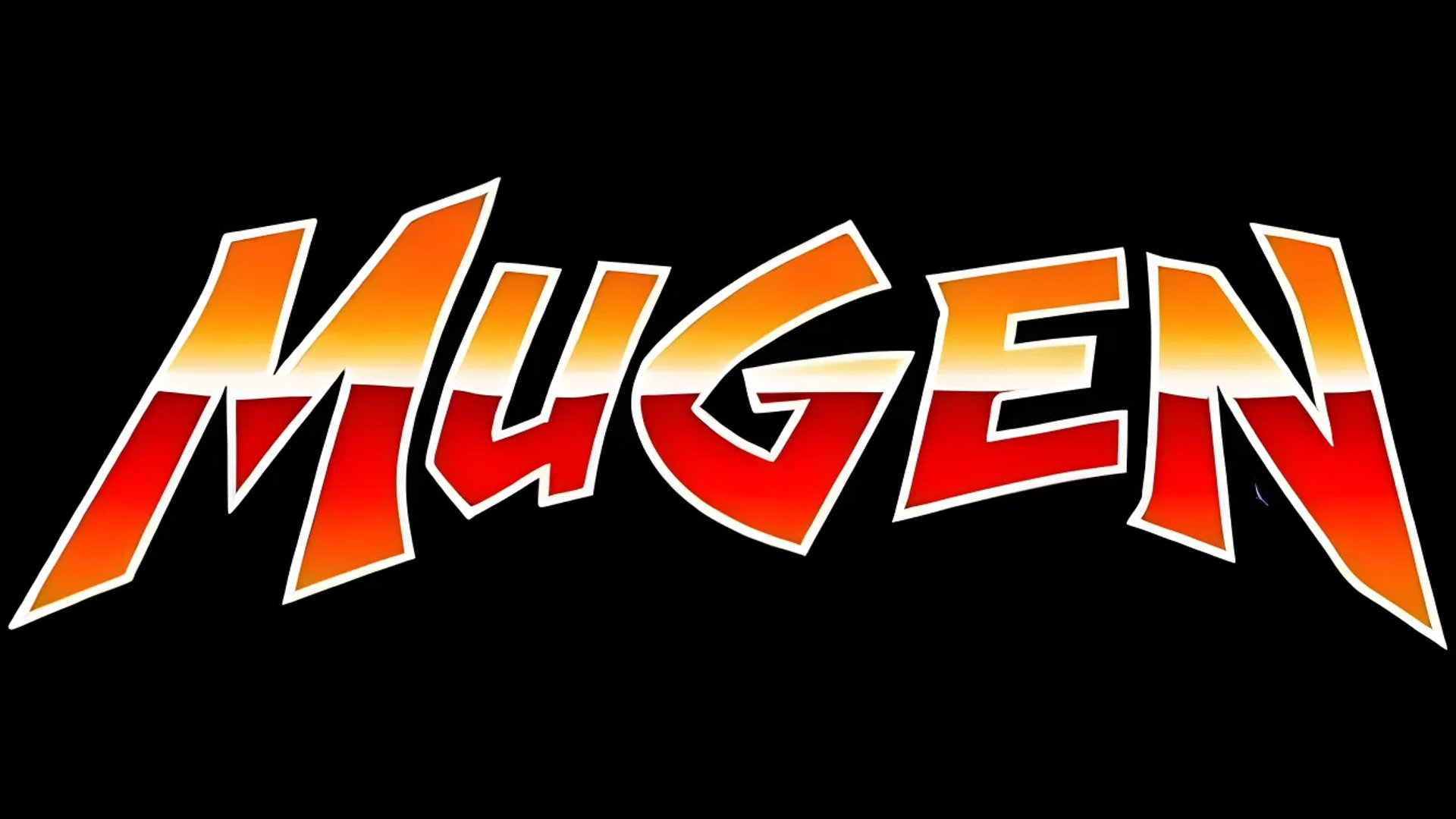 Stylized MUGEN logo with bold gradient letters transitioning from orange to red, outlined in white, set against a contrasting