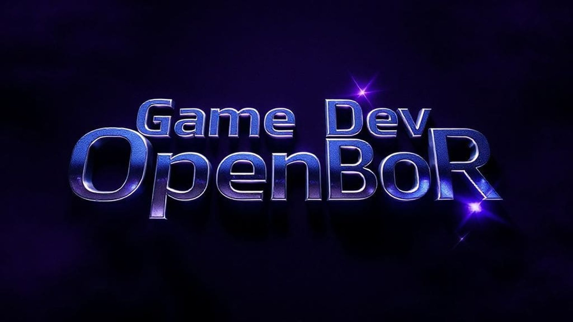 Metallic text that reads 'Game Dev OpenBoR' on a dark background with purple highlights, emphasizing a game development platf