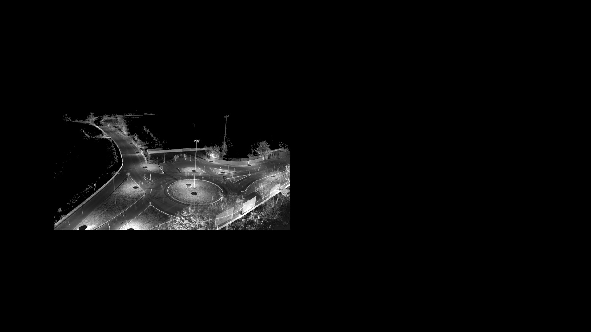 Nuvola di punti 3D di una rotatoria stradale, da rilievo laser scanner, evidenziando la carreggiate e strutture circostanti