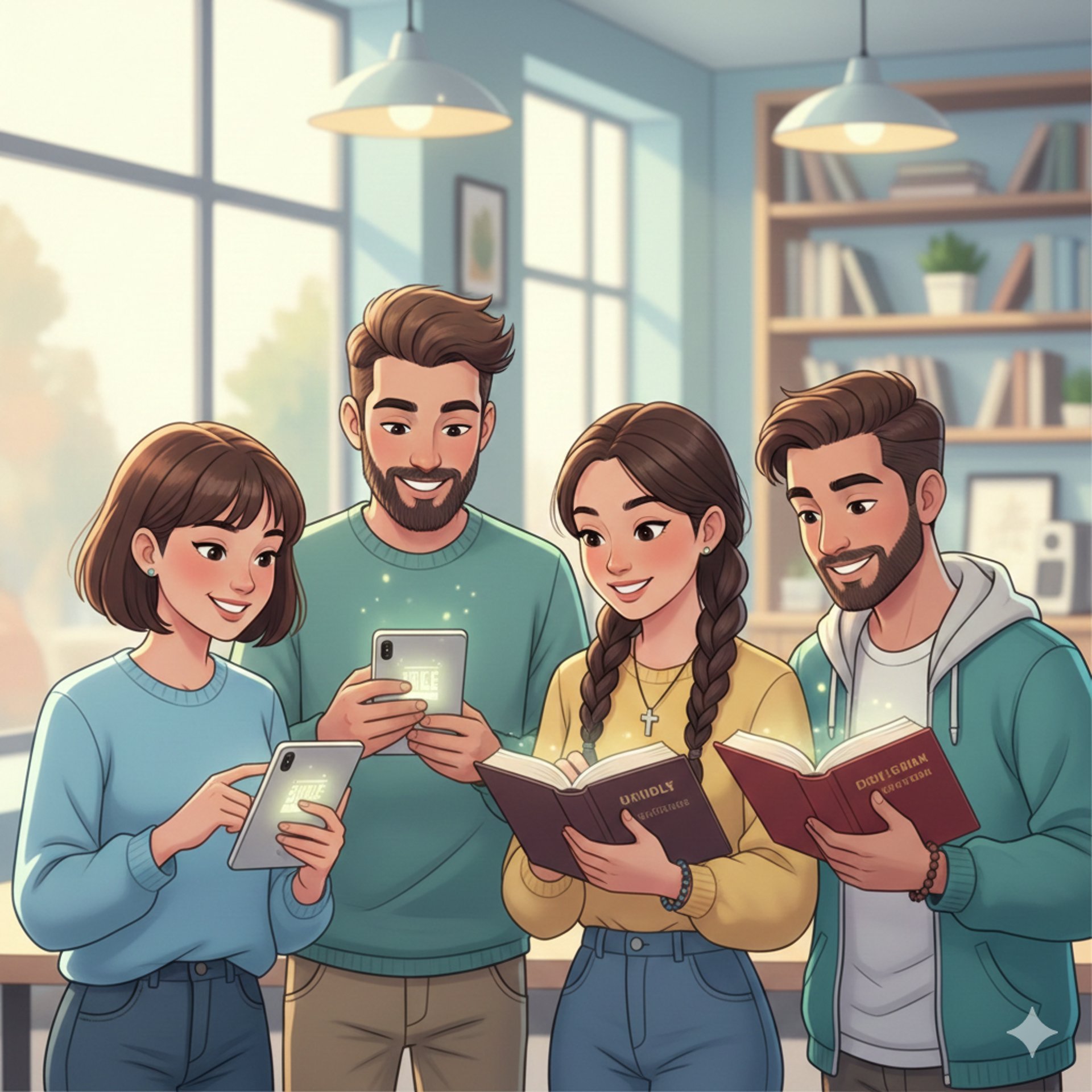 Jovenes leyendo la biblia física y digital