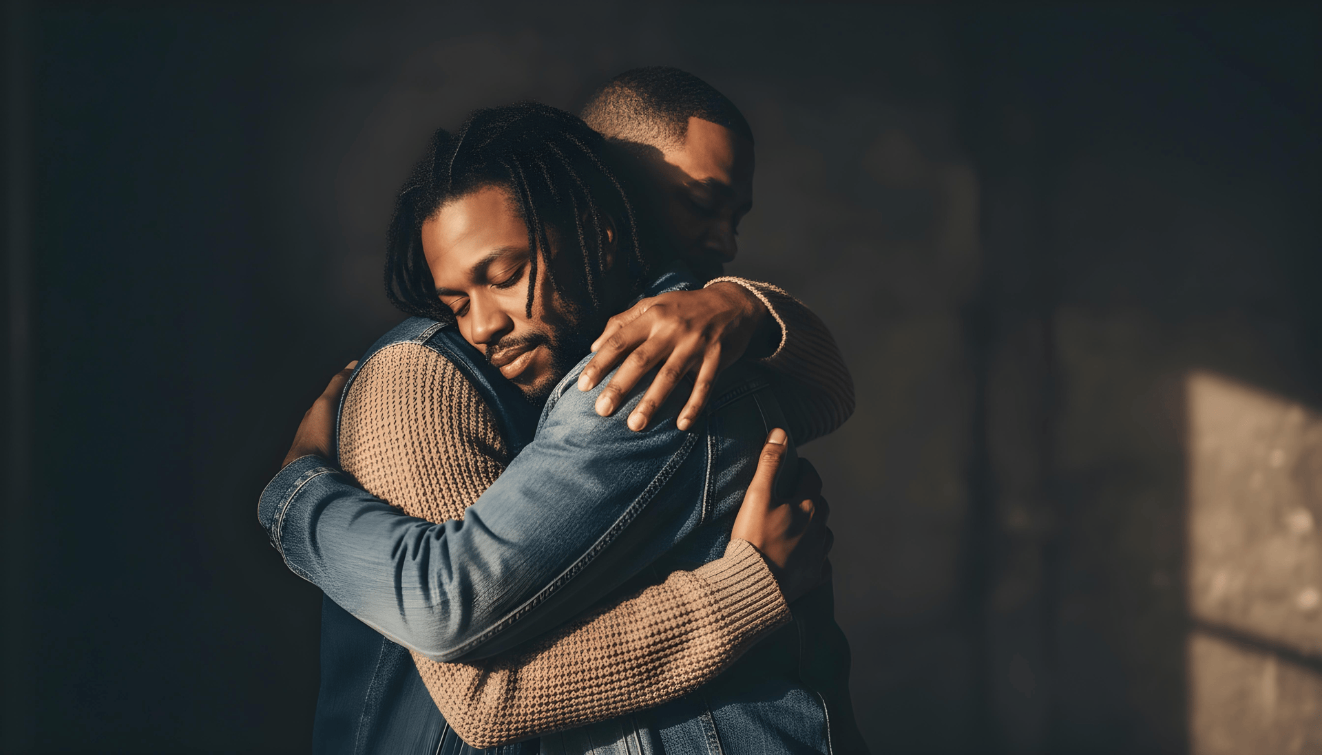 man in black long sleeve shirt hugging woman in black long sleeve shirt