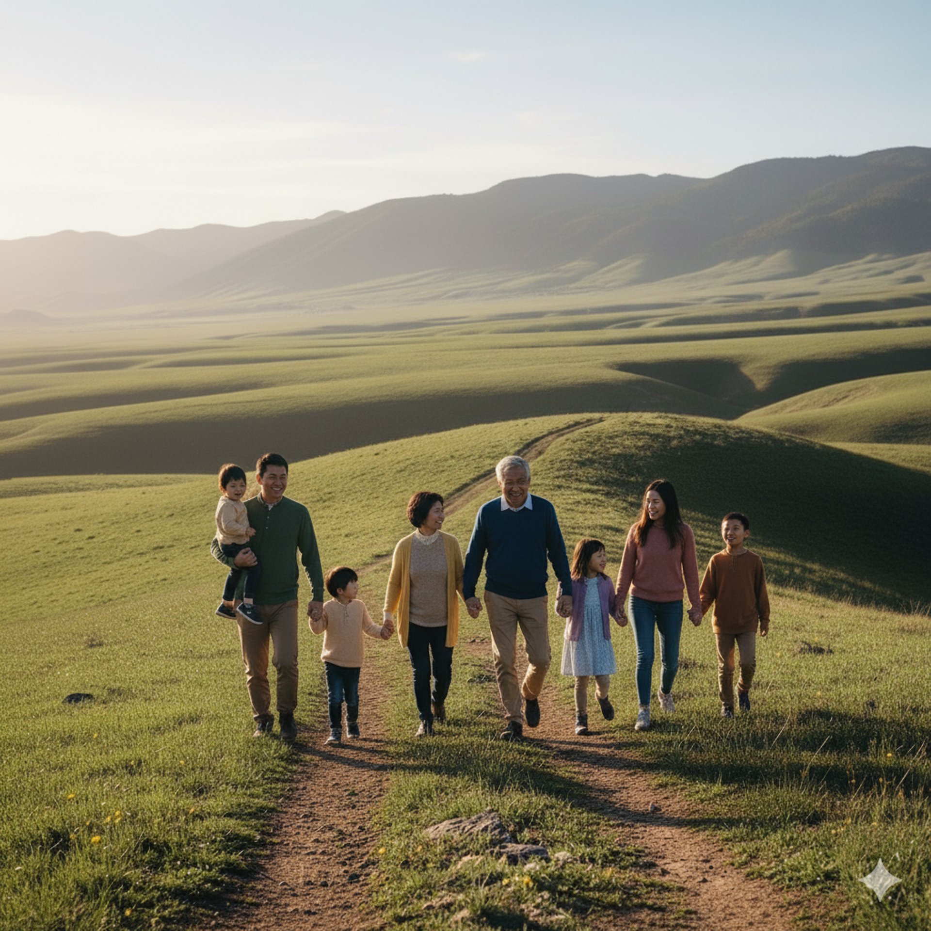 A multi-generational family poses for a group portrait outdoors.