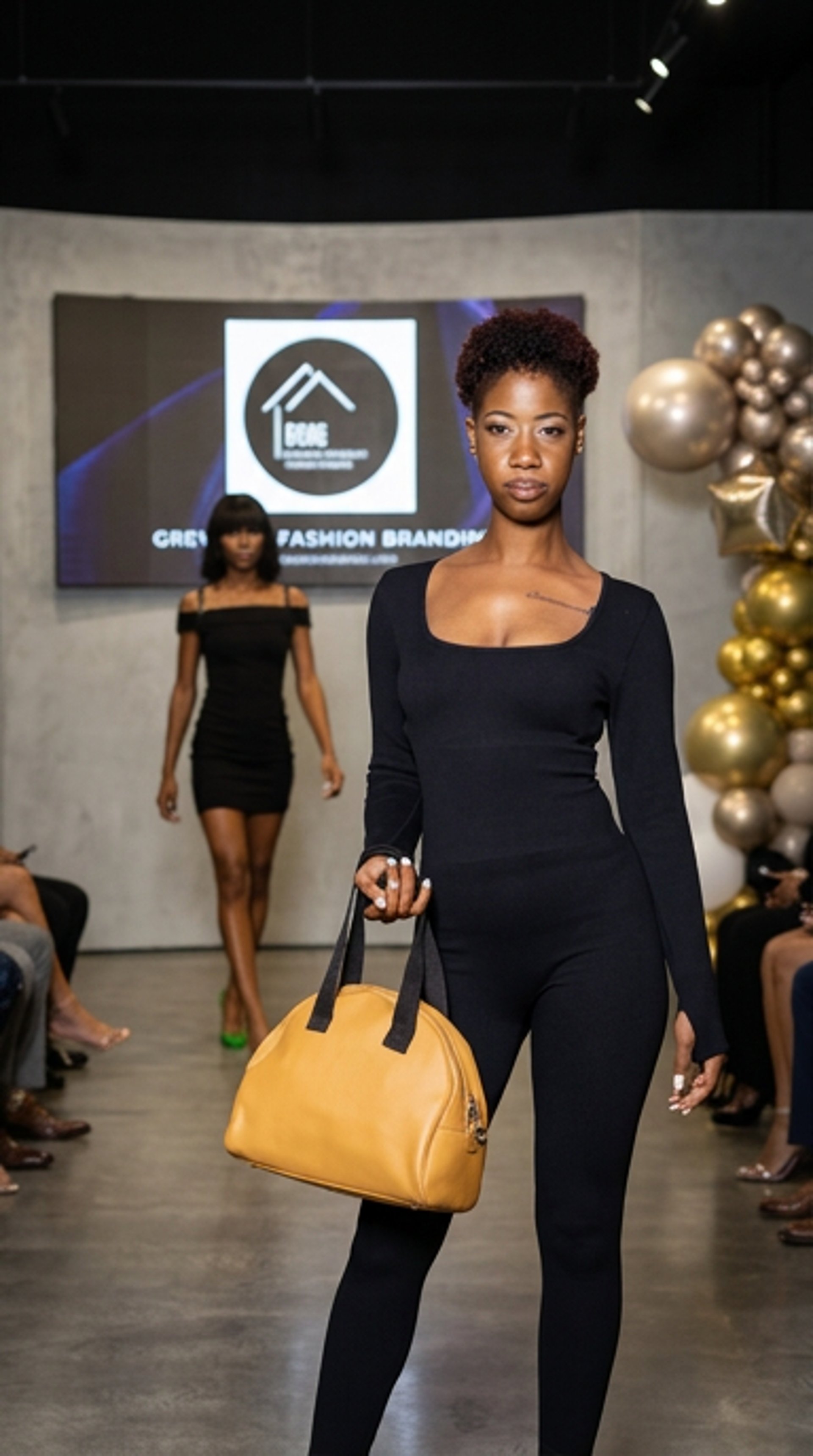 A model walks a runway in crochet clothing.