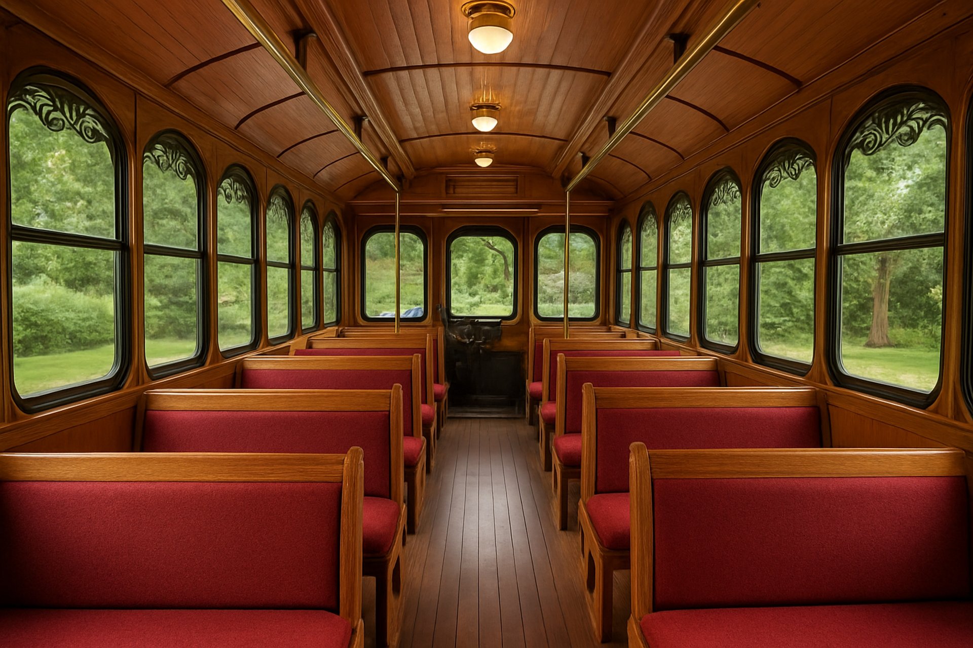 the inside of a train car with wooden seats