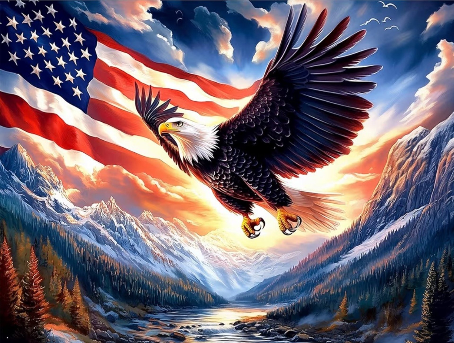 bald eagle flying on skies