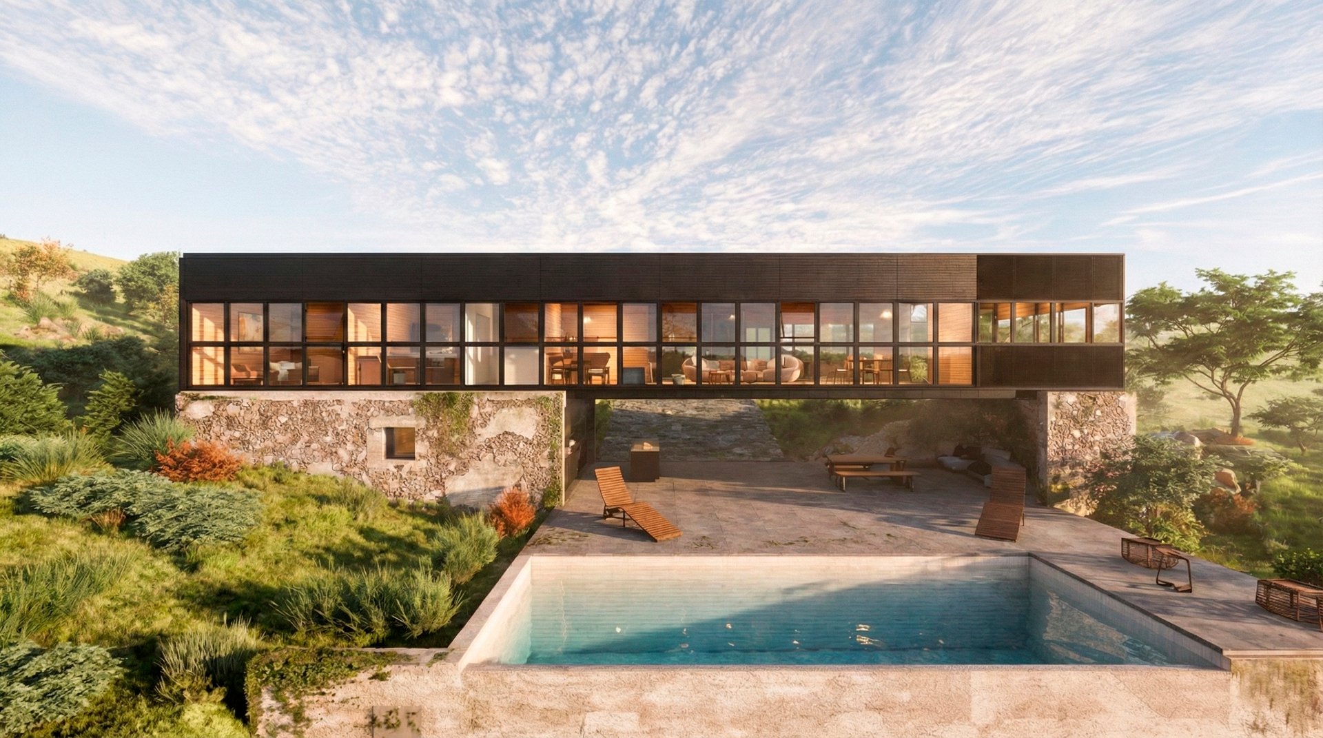 Vista exterior de pileta, galería, quincho y casa moderna. Casa integrada a la naturaleza. Arquitectura con sentido. 