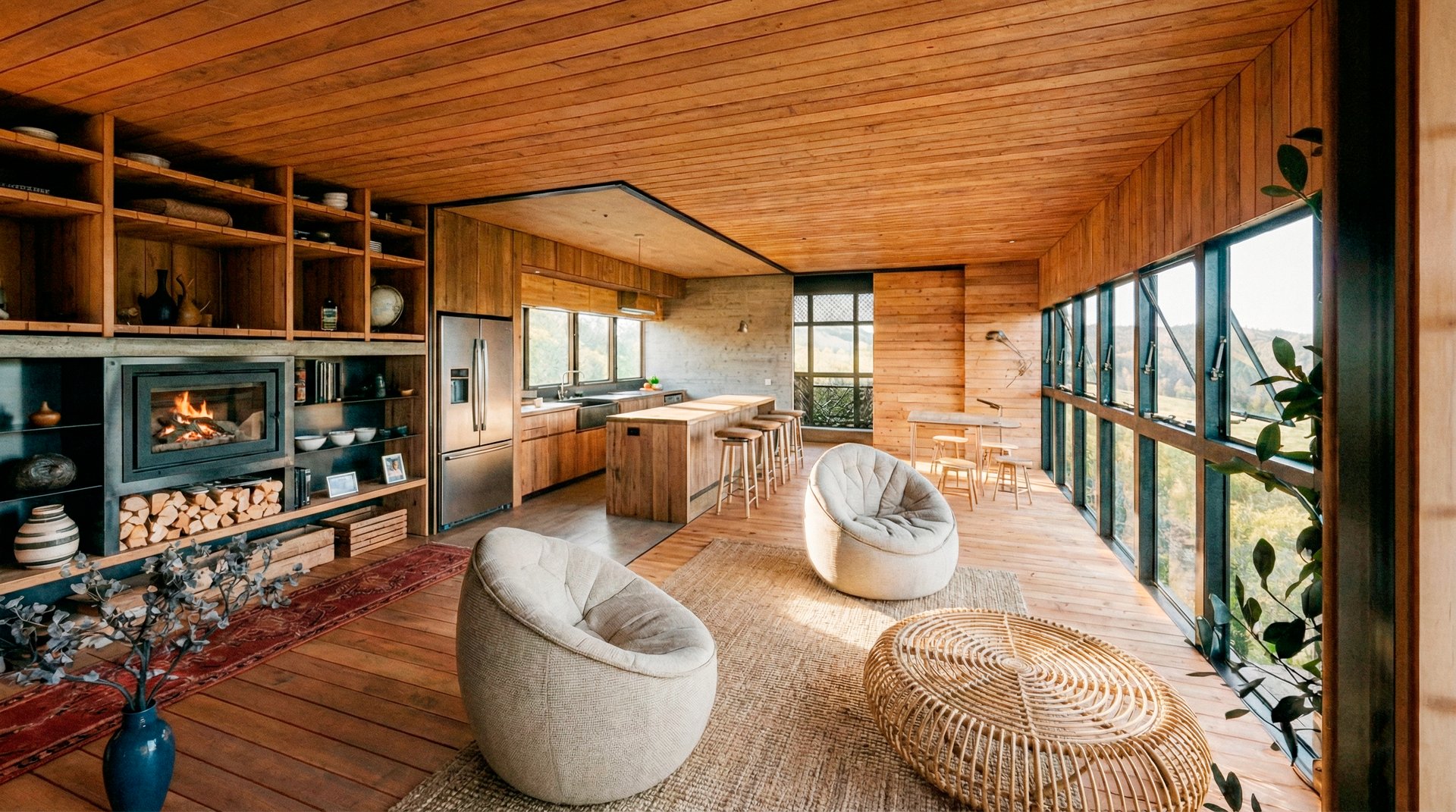 Interior calido en madera y grandes ventanales. casa puente. moderna. arquitectura con sentido. arquitecto pablo suarez.