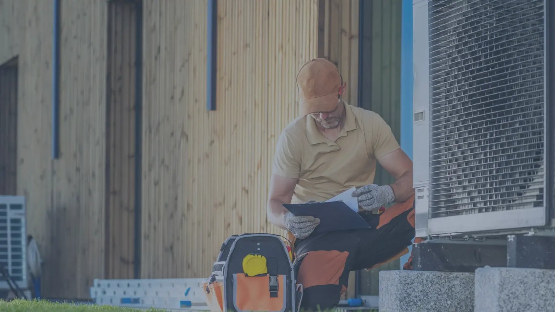 Inspector sitting next to a commercial building working on a report