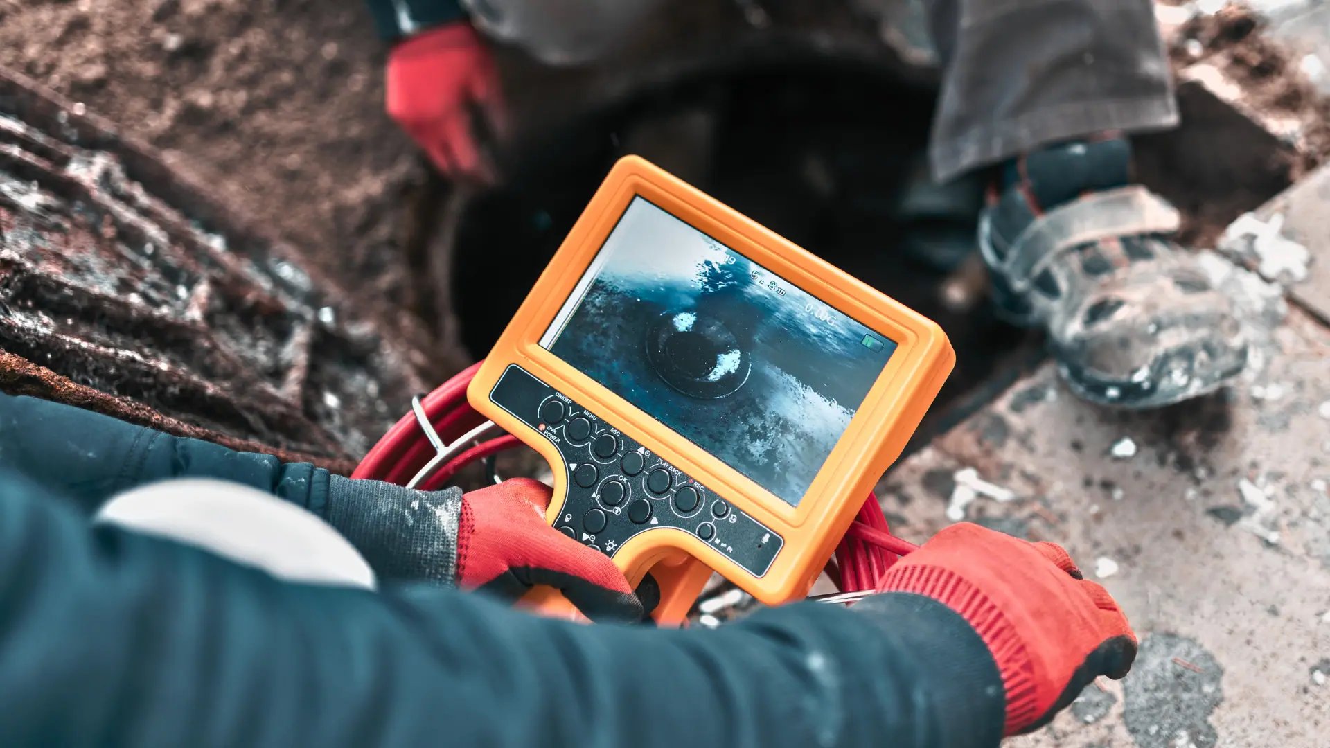 A photo of a home inspector using a sewer scope camera to inspect a properties sewer lines.