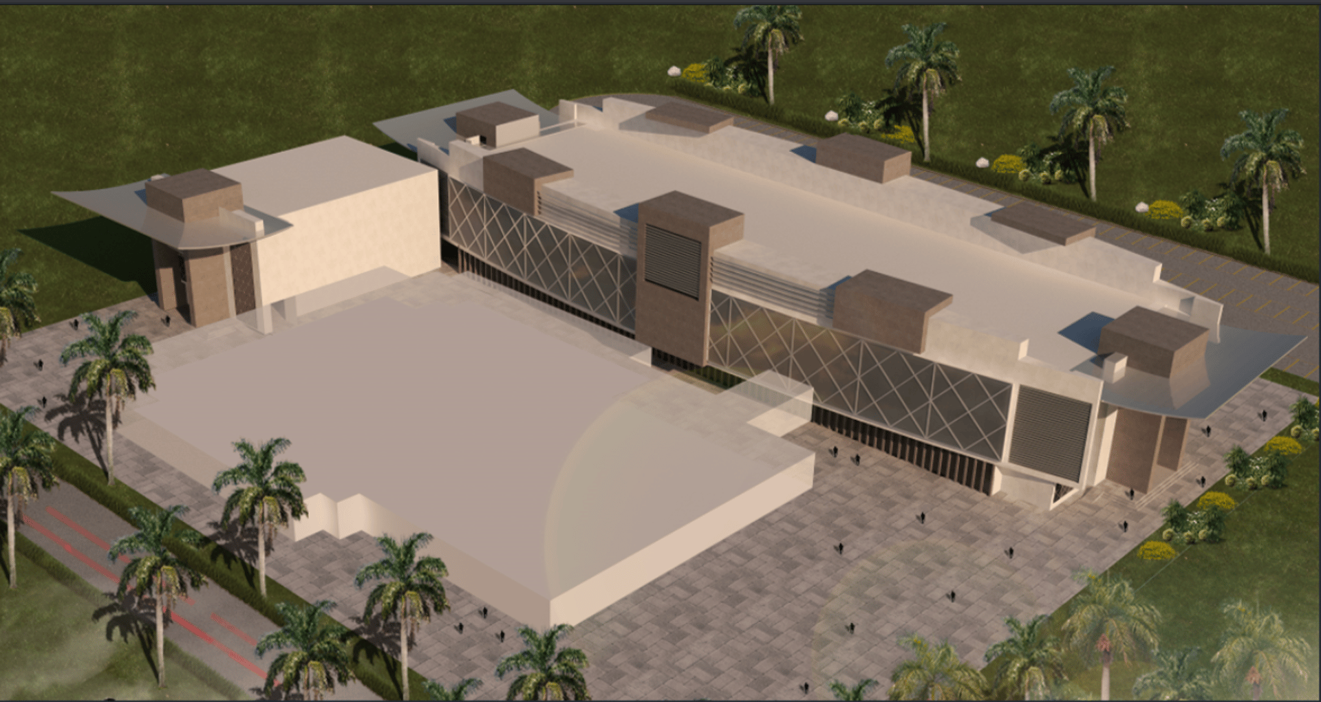 an abstract photo of a curved building with a blue sky in the background