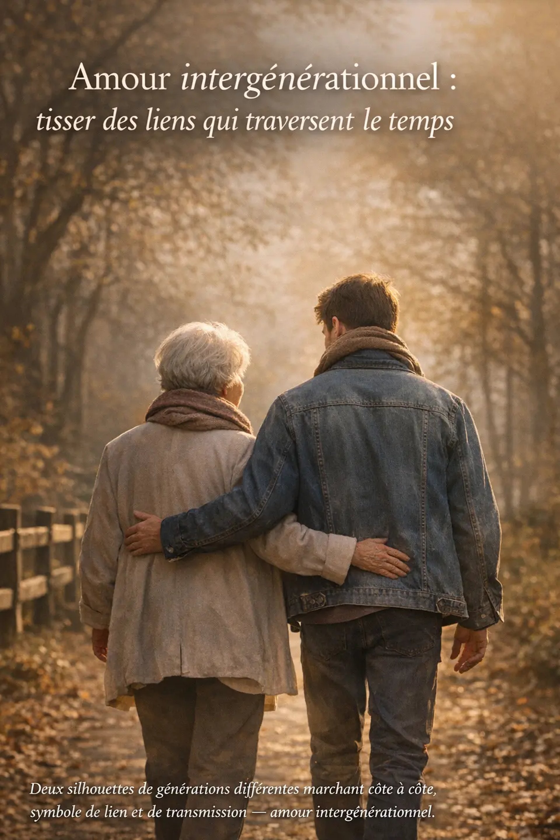  Deux générations marchant côte à côte sur un chemin doré, symbole de lien, de transmission et d’amour intergénérationnel.