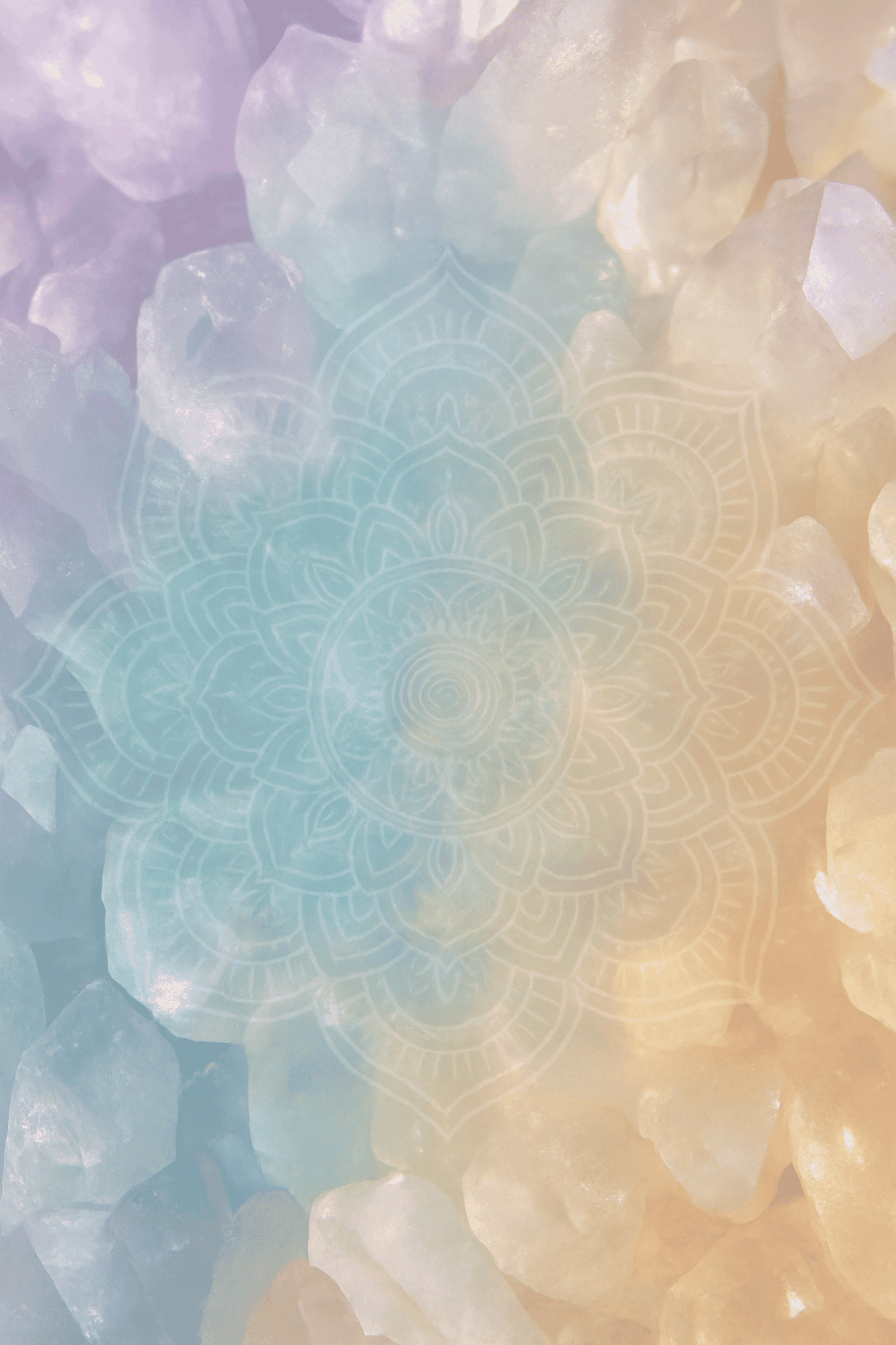 Realistic crystal texture with subtle glowing mandala in lavender, aqua, and gold for quantum healing background in Santa Ana