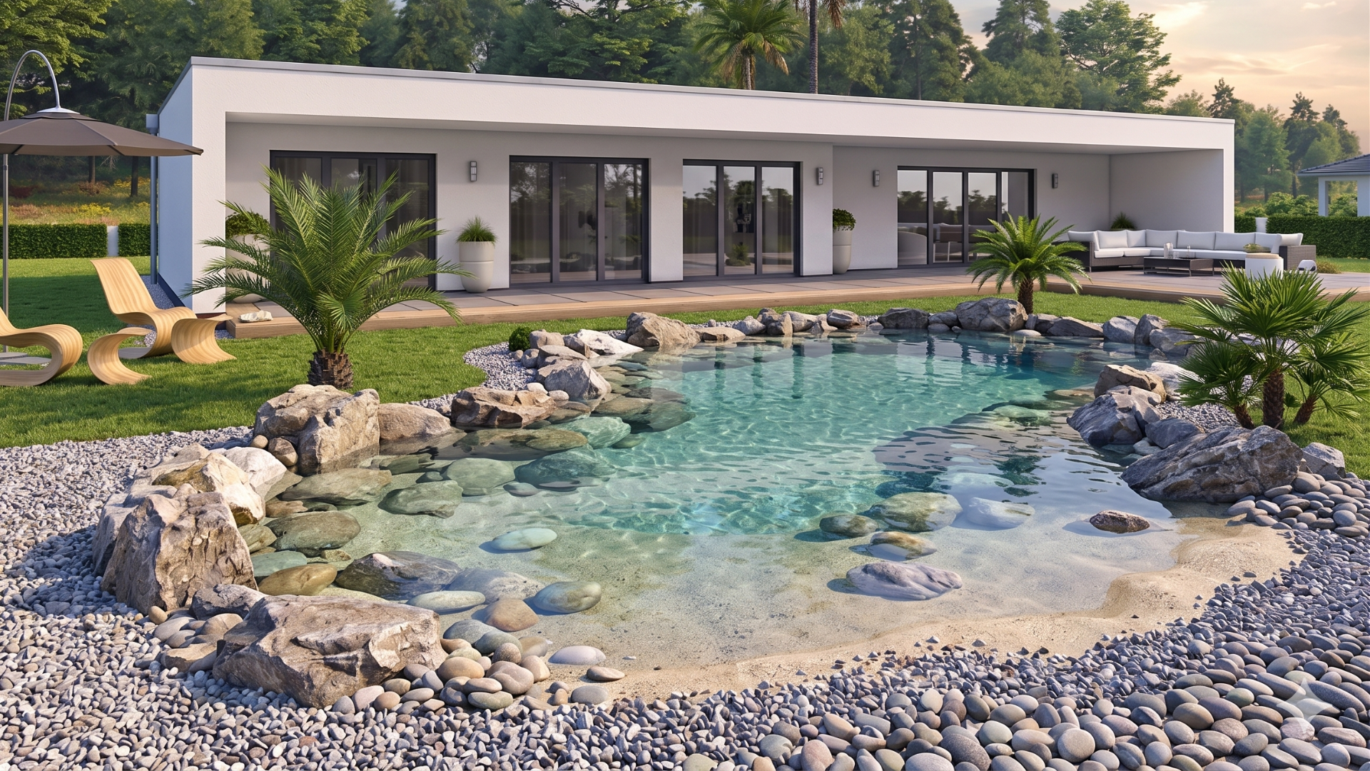 casa prefabbricata moderna con piscina naturale con rocce vere e spiaggia privata zona castelli romani da edil leonardo srl