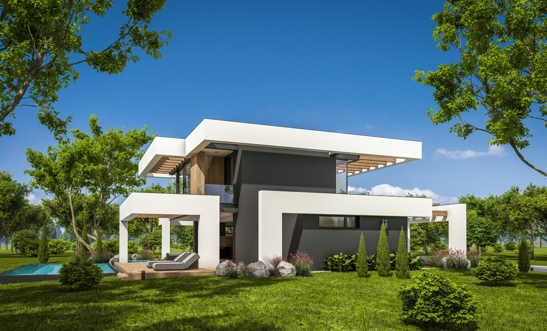 an abstract photo of a curved building with a blue sky in the background
