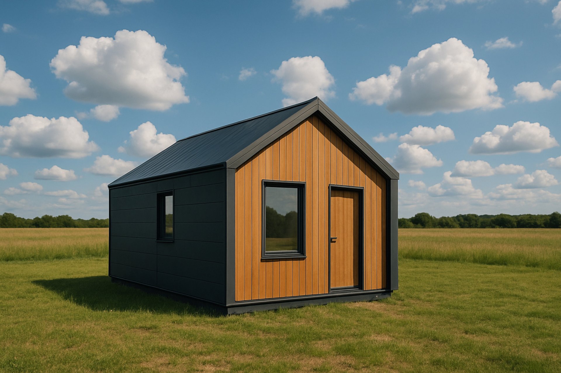 a small black cabin in the middle of a field