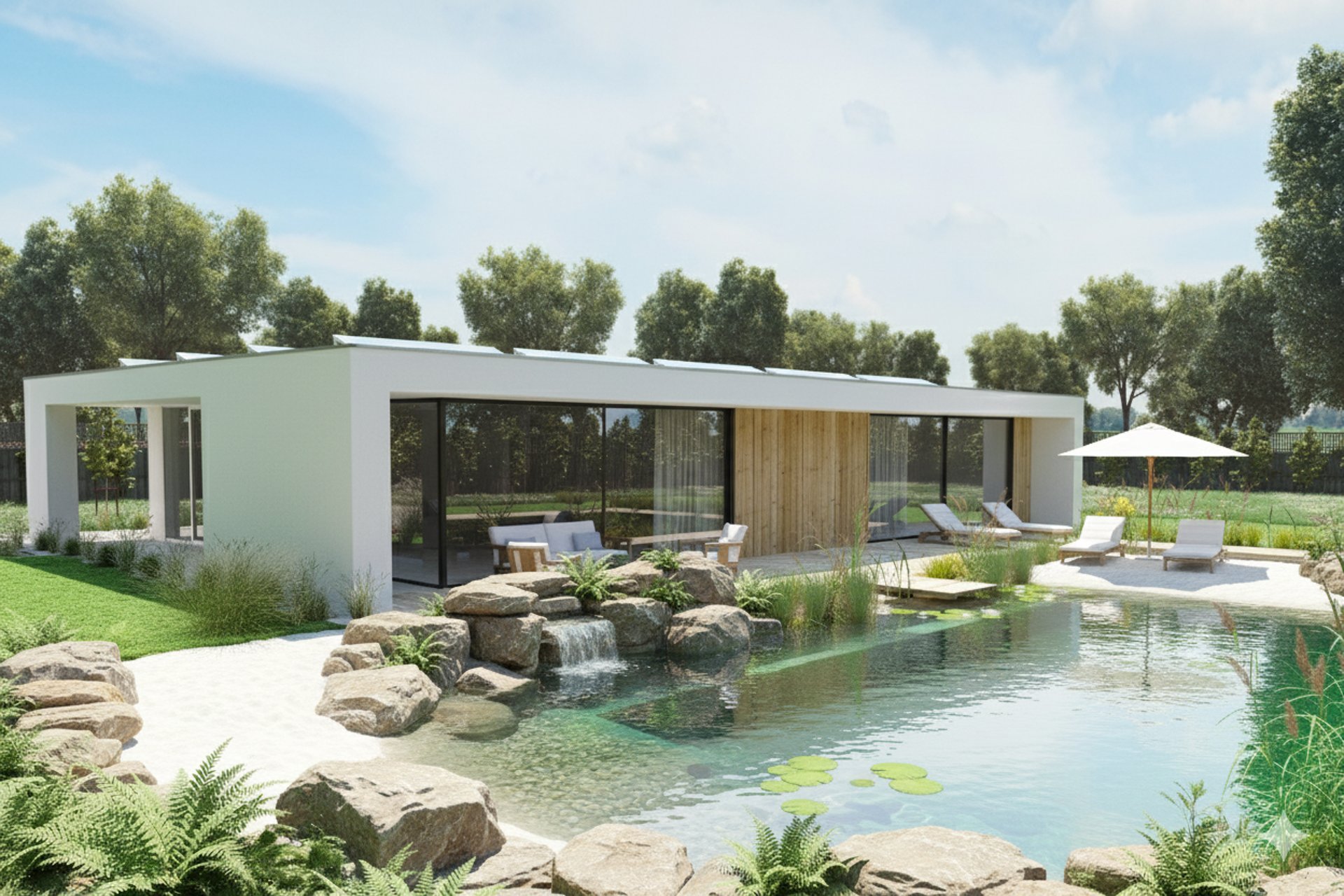 an abstract photo of a curved building with a blue sky in the background