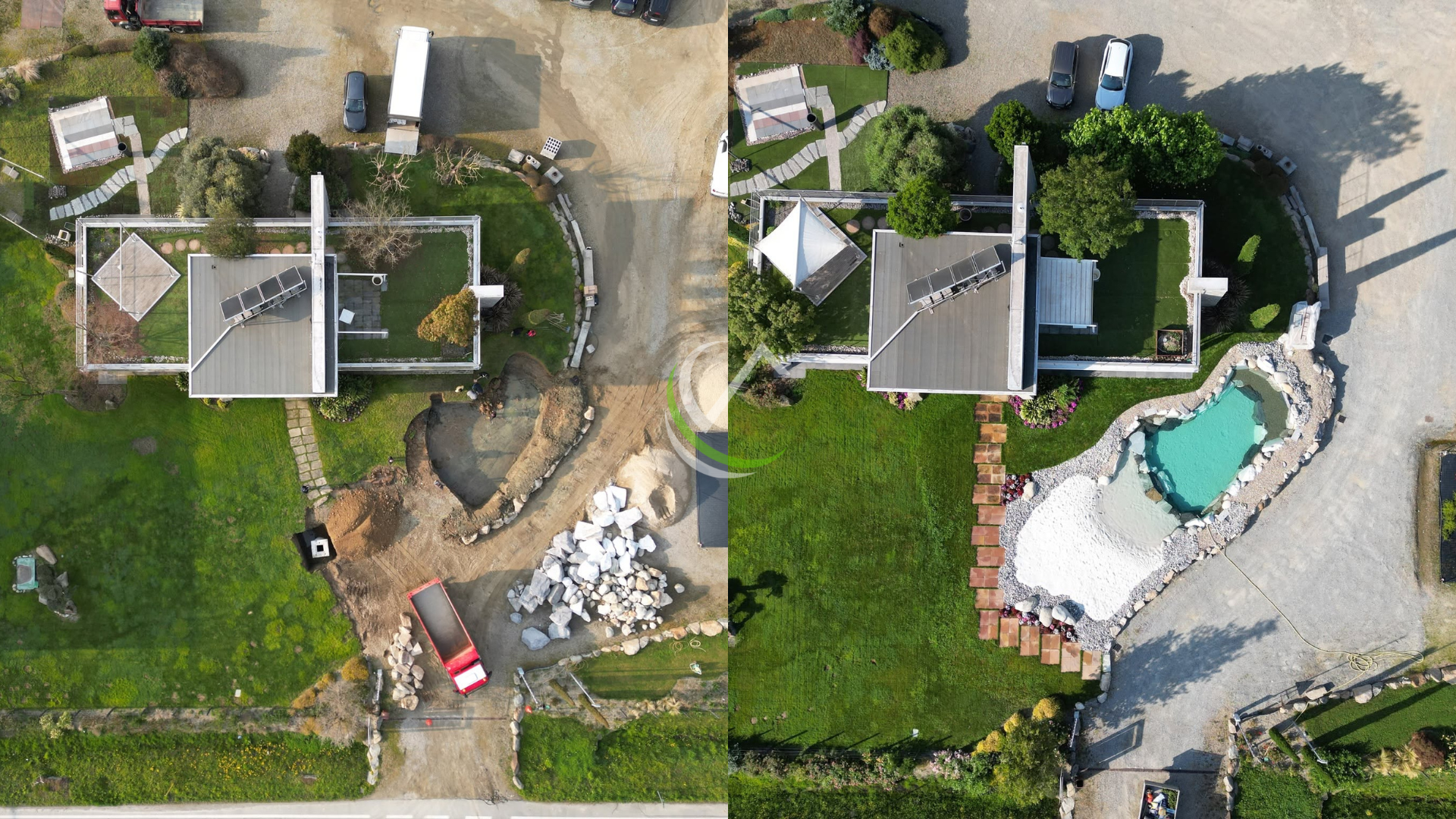 prima e dopo di una realizzazione di una piscina rocks design a sabaudia
