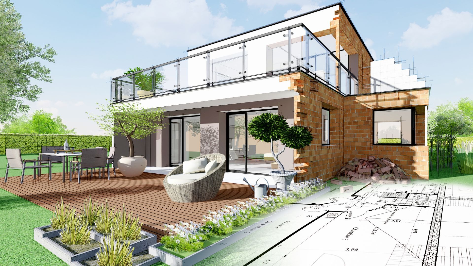 a modern house with a pool in front of it