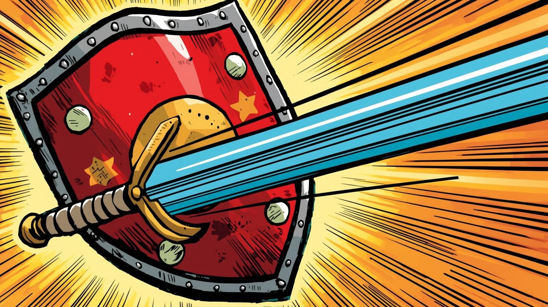 A stylized comic book illustration of an unidentifiable shield and sword, depicted with bold outlines and vibrant, saturated