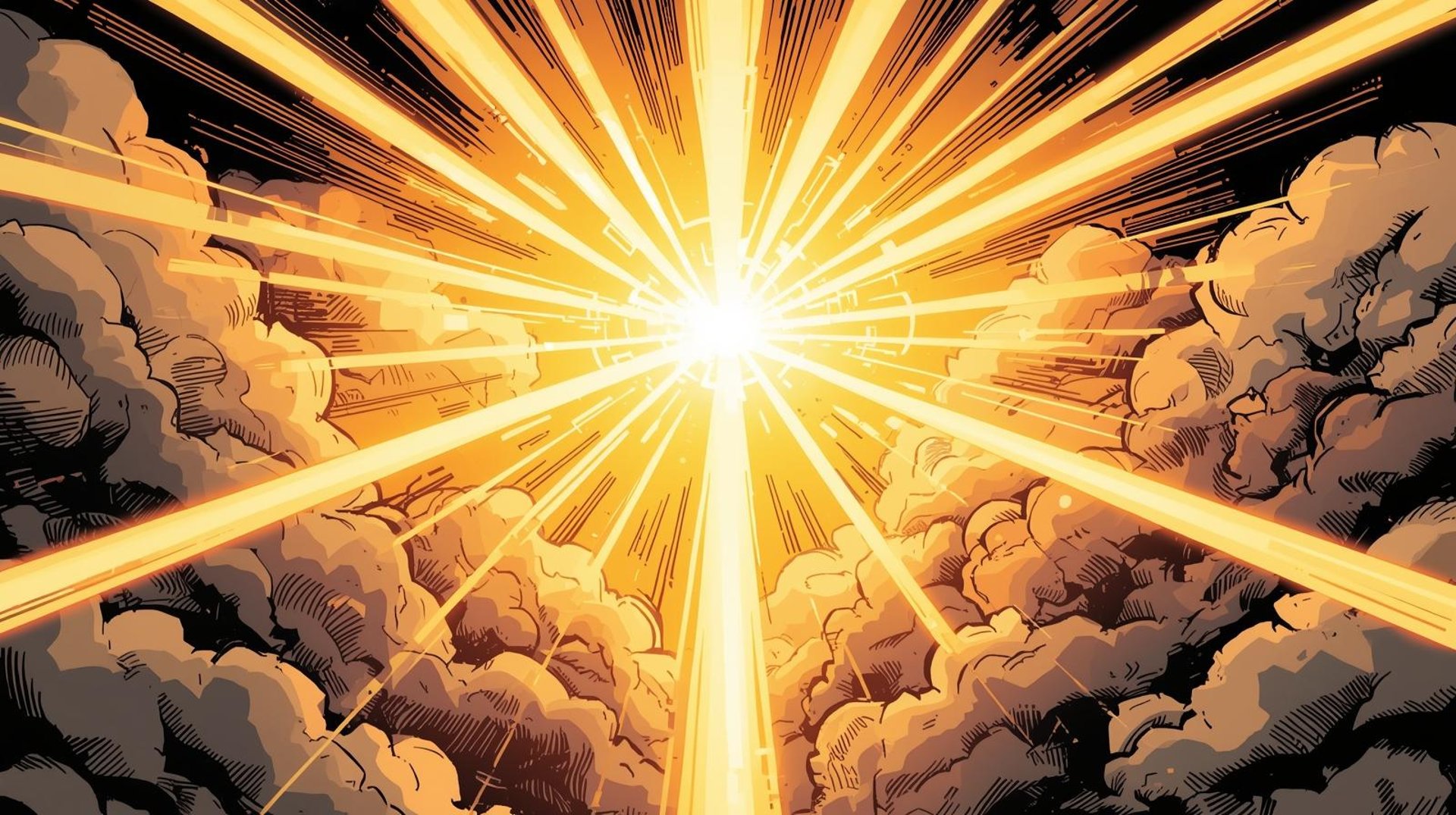 A dynamic comic book illustration featuring intense light beams piercing through dramatic, stylized clouds. The beams fractur