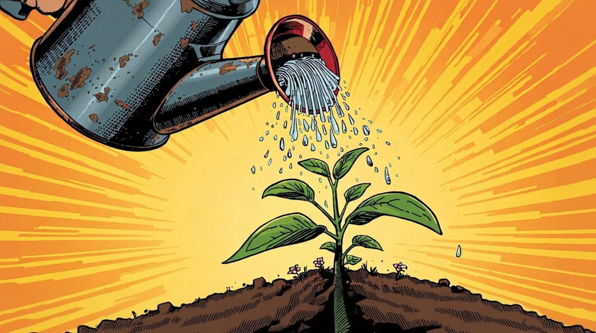 A vibrant comic book panel illustration of a vintage, slightly rusted watering can, held by an unseen hand, showering a tiny
