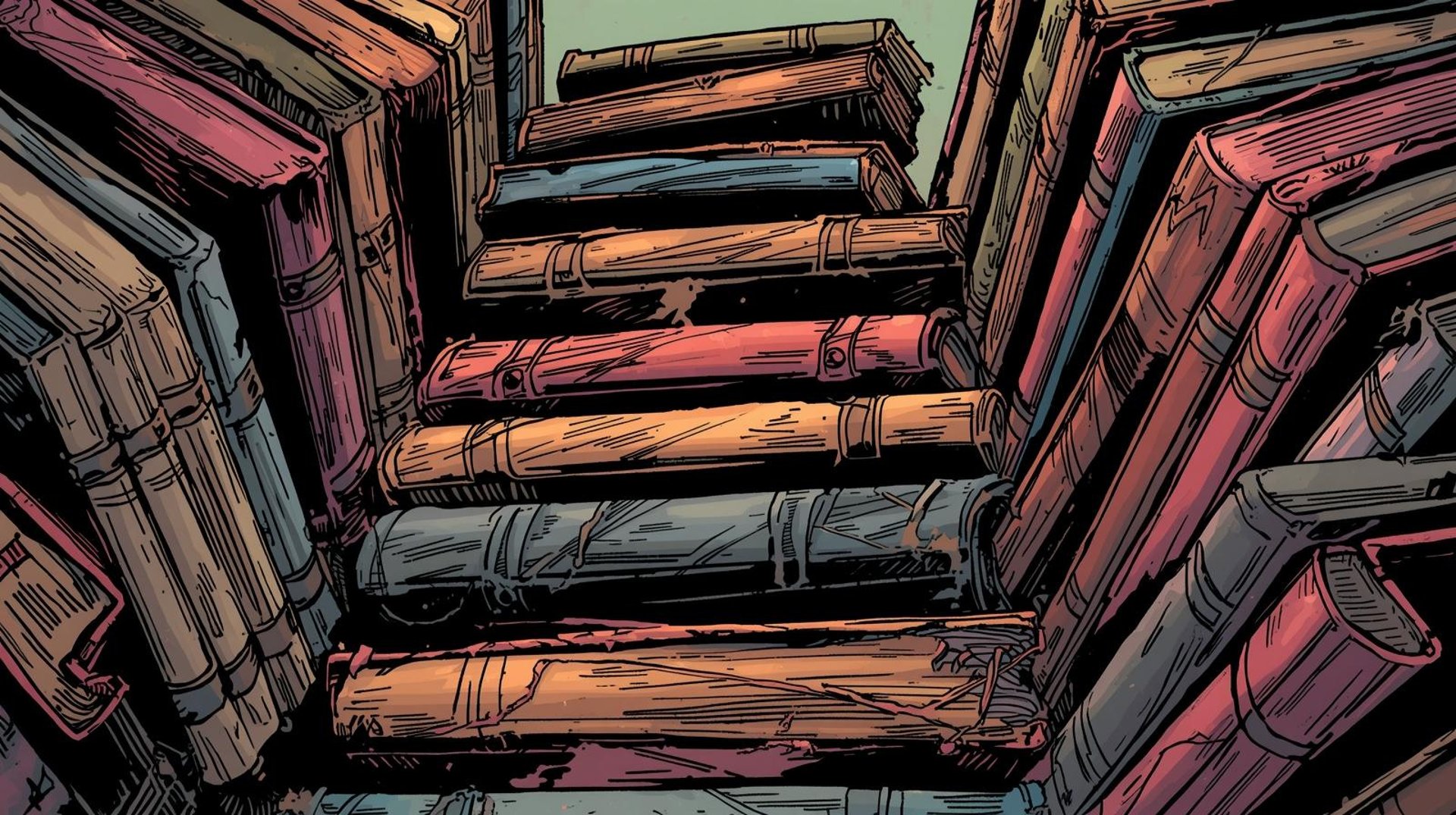 A vibrant comic book illustration in a bold, graphic style, depicting a towering stack of old, leather-bound books, their spi