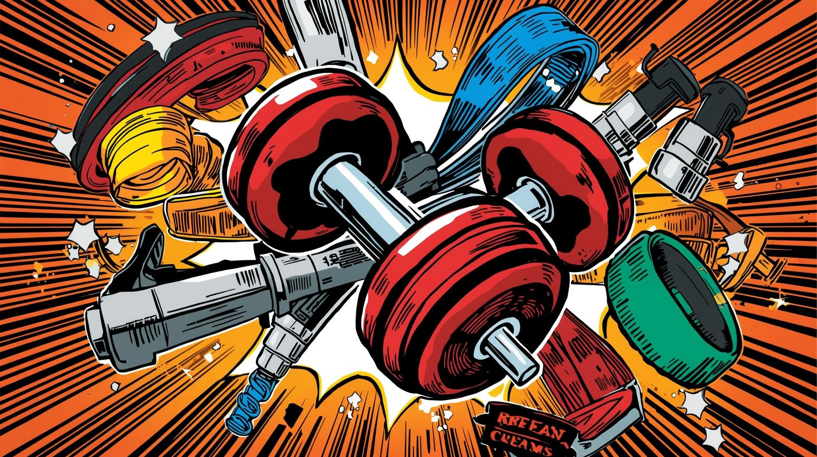 Dynamic comic book illustration of vibrant, stylized dumbbells, coiled resistance bands, and assorted workout equipment in bo