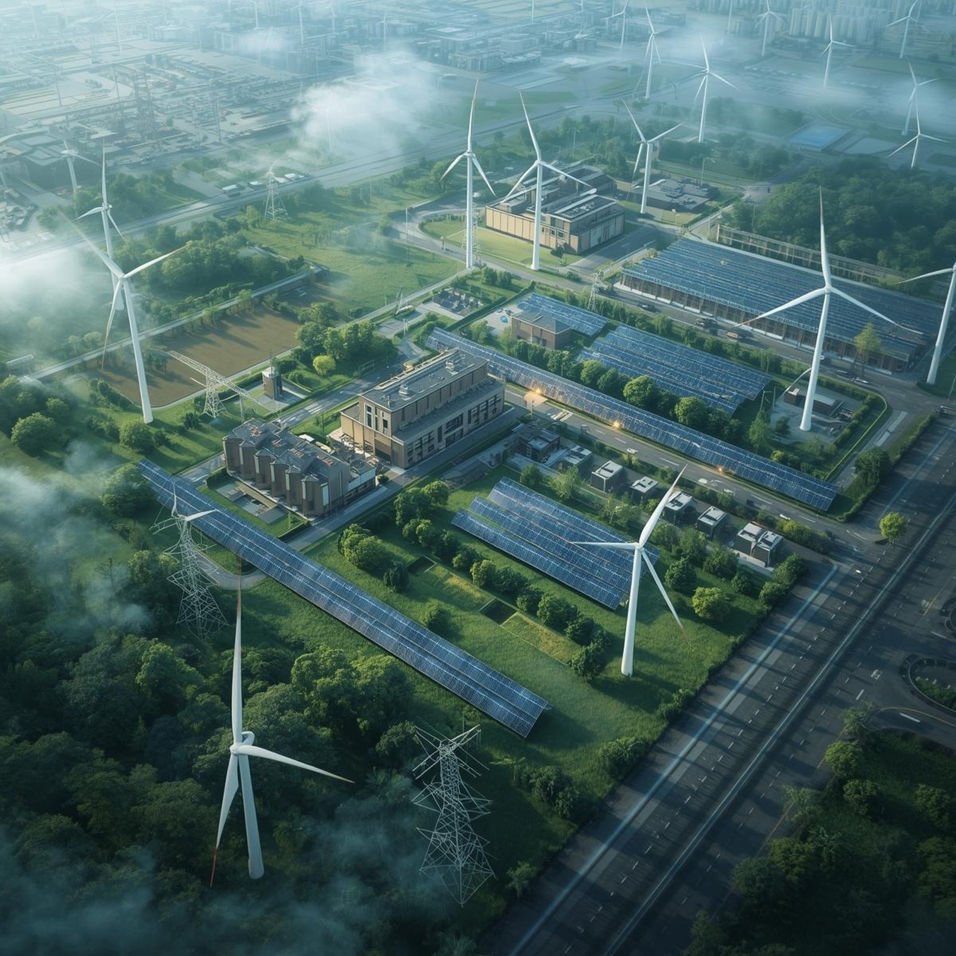 Rows of electrical pylons march across a grassy field.