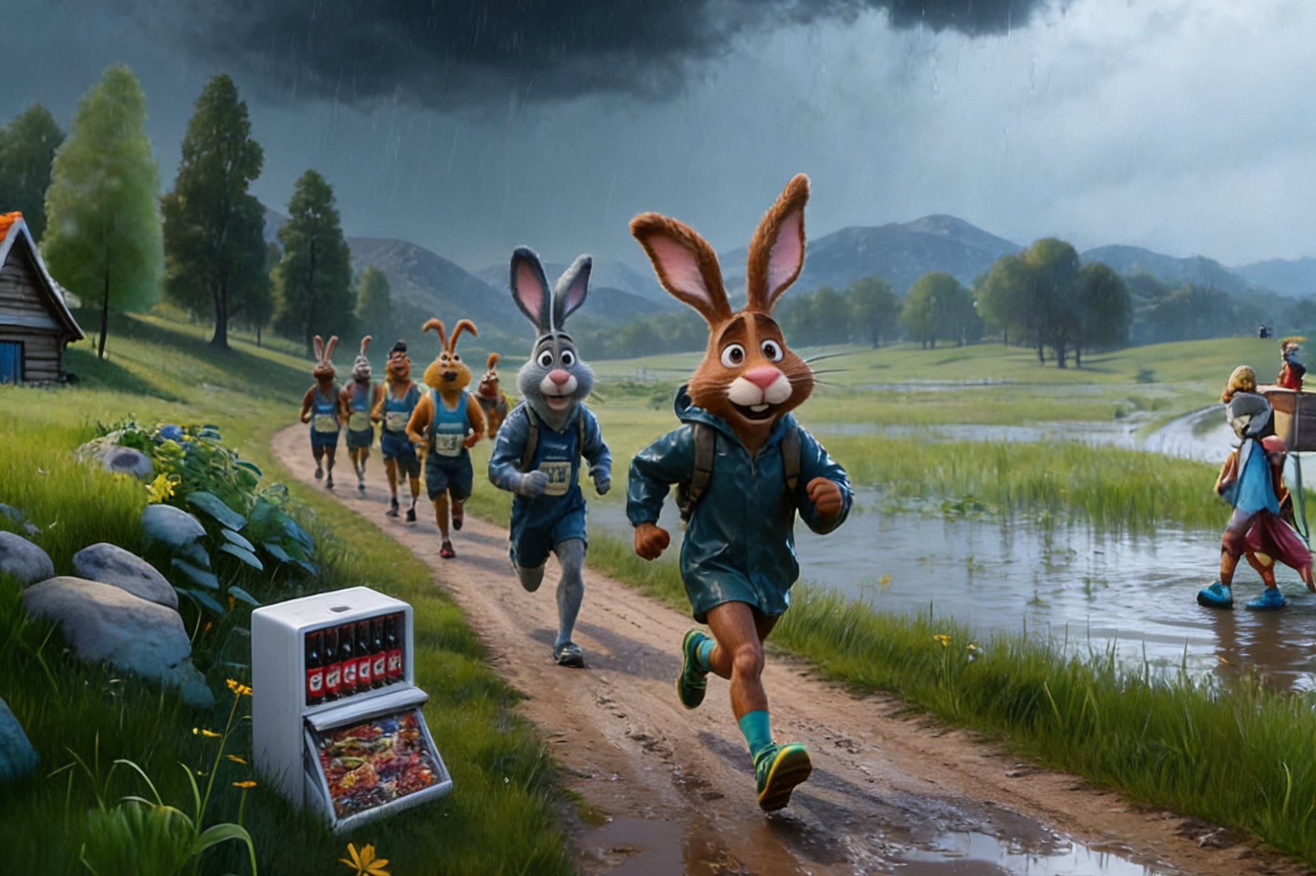 cartoon rabbits running in a wintery scene
