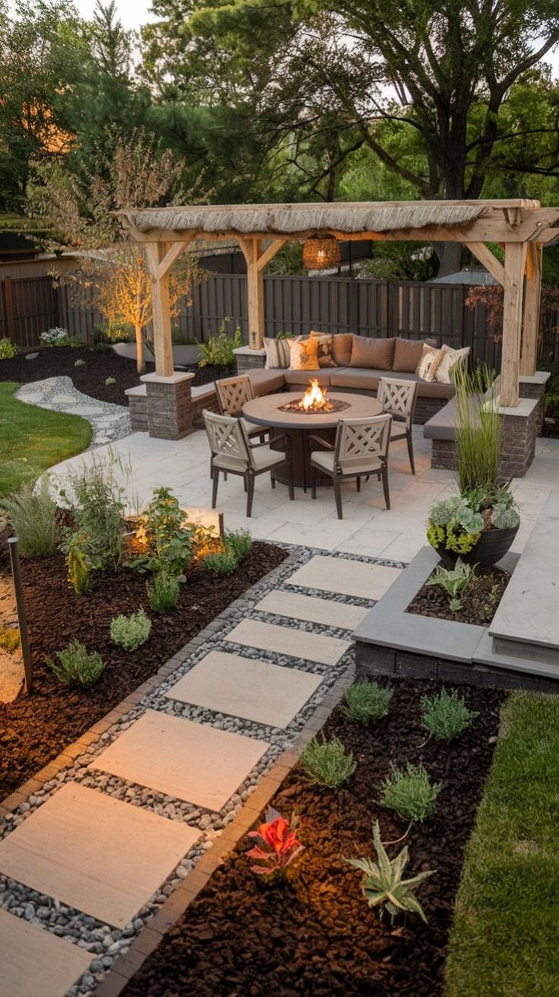 Luxury yard remodel in Atherton featuring drought-tolerant landscaping, custom patio, and outdoor living area