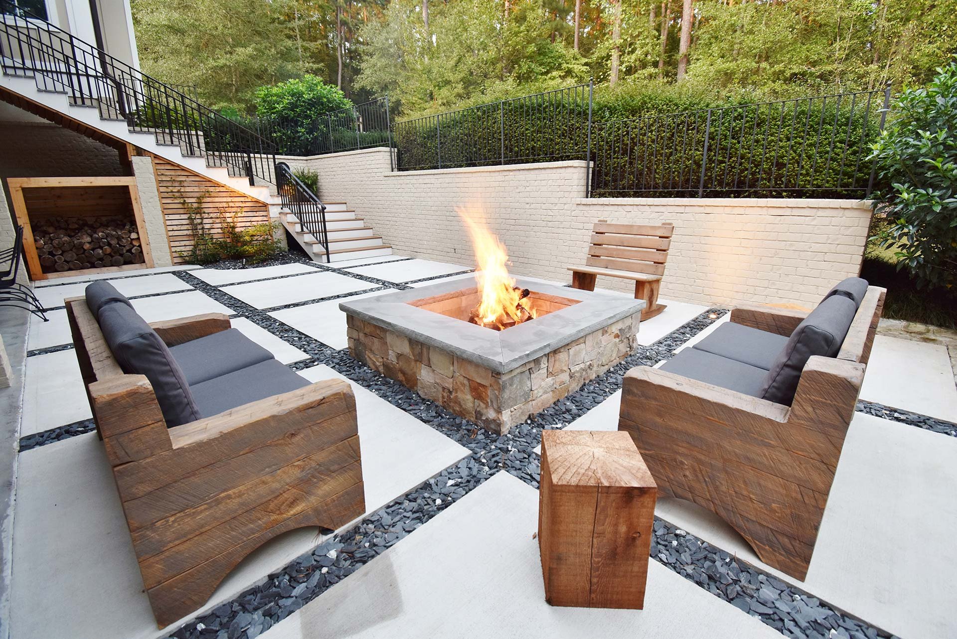 Atherton backyard renovation with raised garden planters and custom path layout