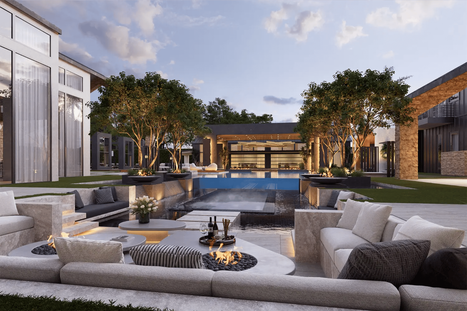 Luxury yard remodel in Atherton featuring drought-tolerant landscaping, custom patio, and outdoor living area