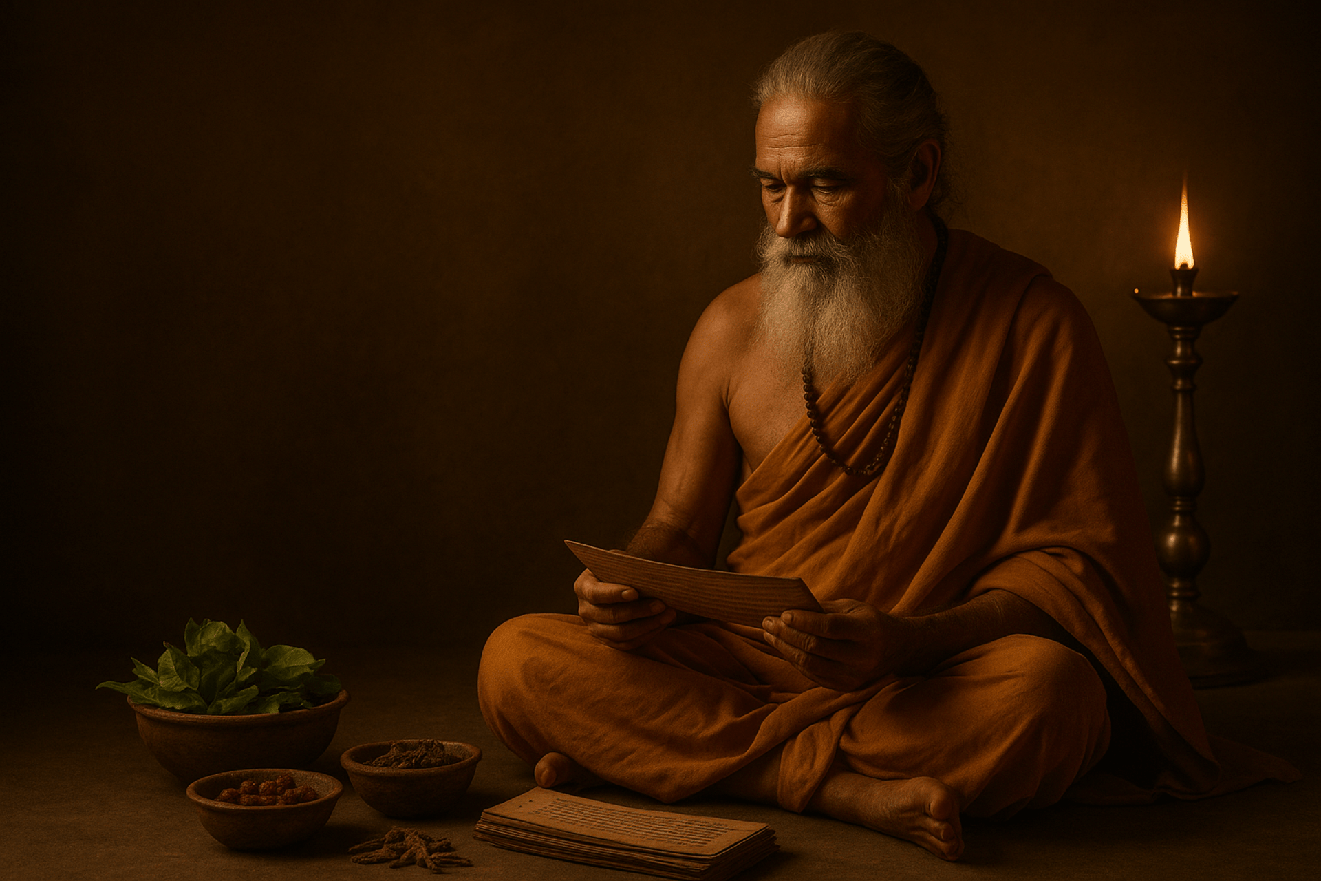 Image of a traditional Acharya meditating, symbolizing wisdom in Ayurveda