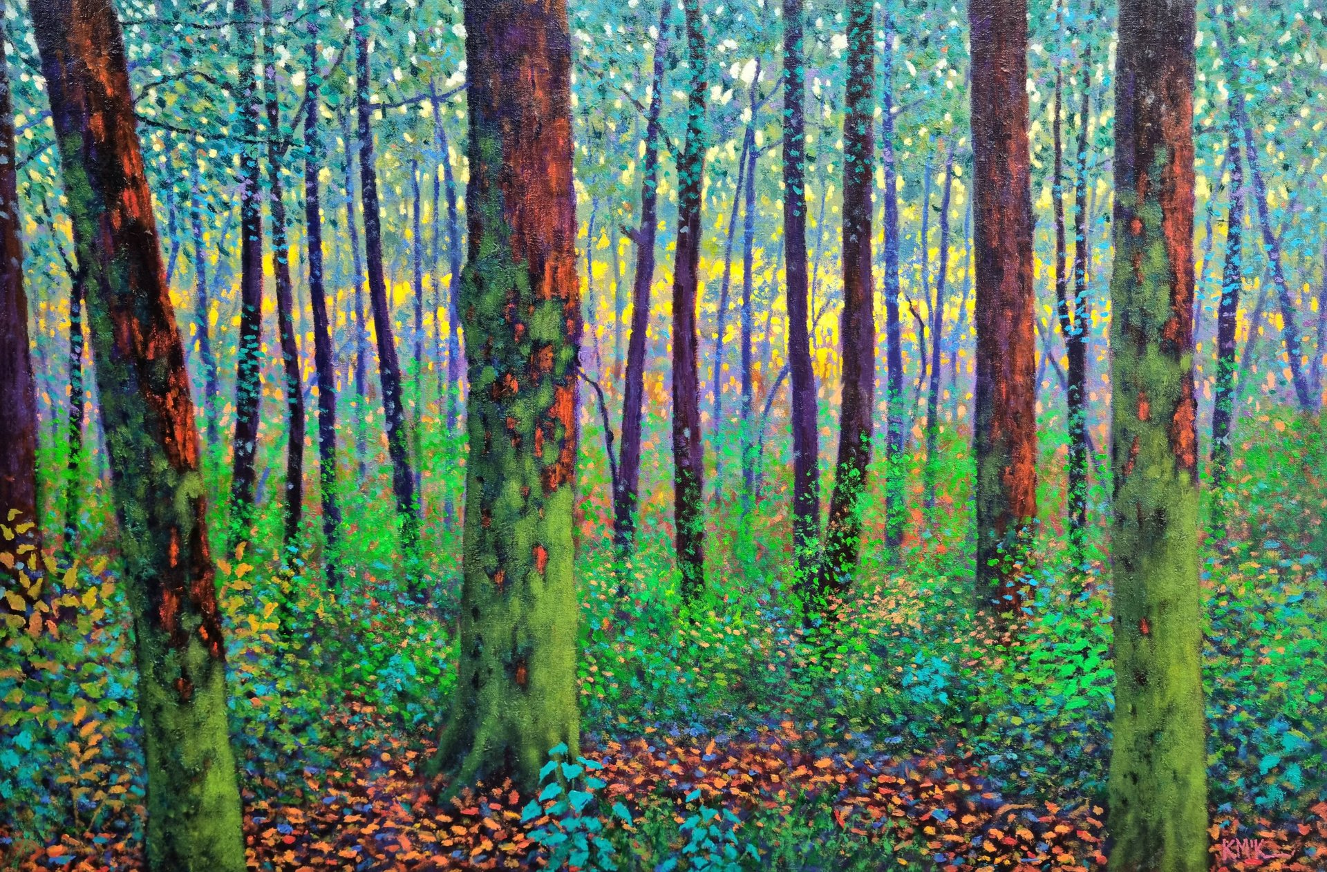 Breeze through the trees - colorful forest landscape painting by Kevin McKeown