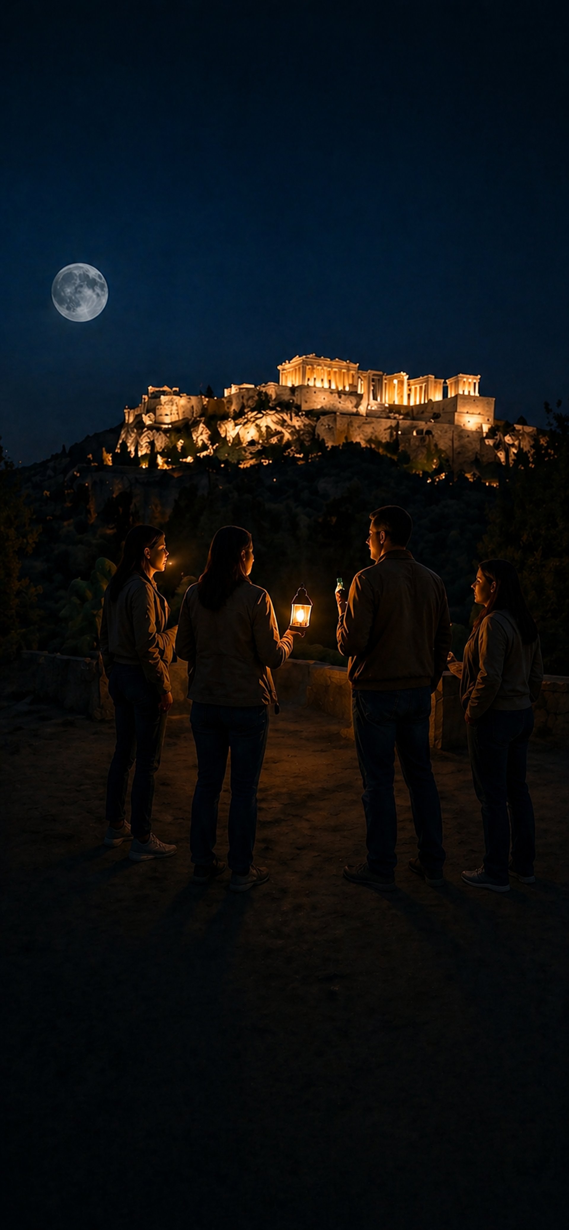 Artwork of ghostly white figures on ancient cobblestone street at night with illuminated Acropolis and full moon overhead