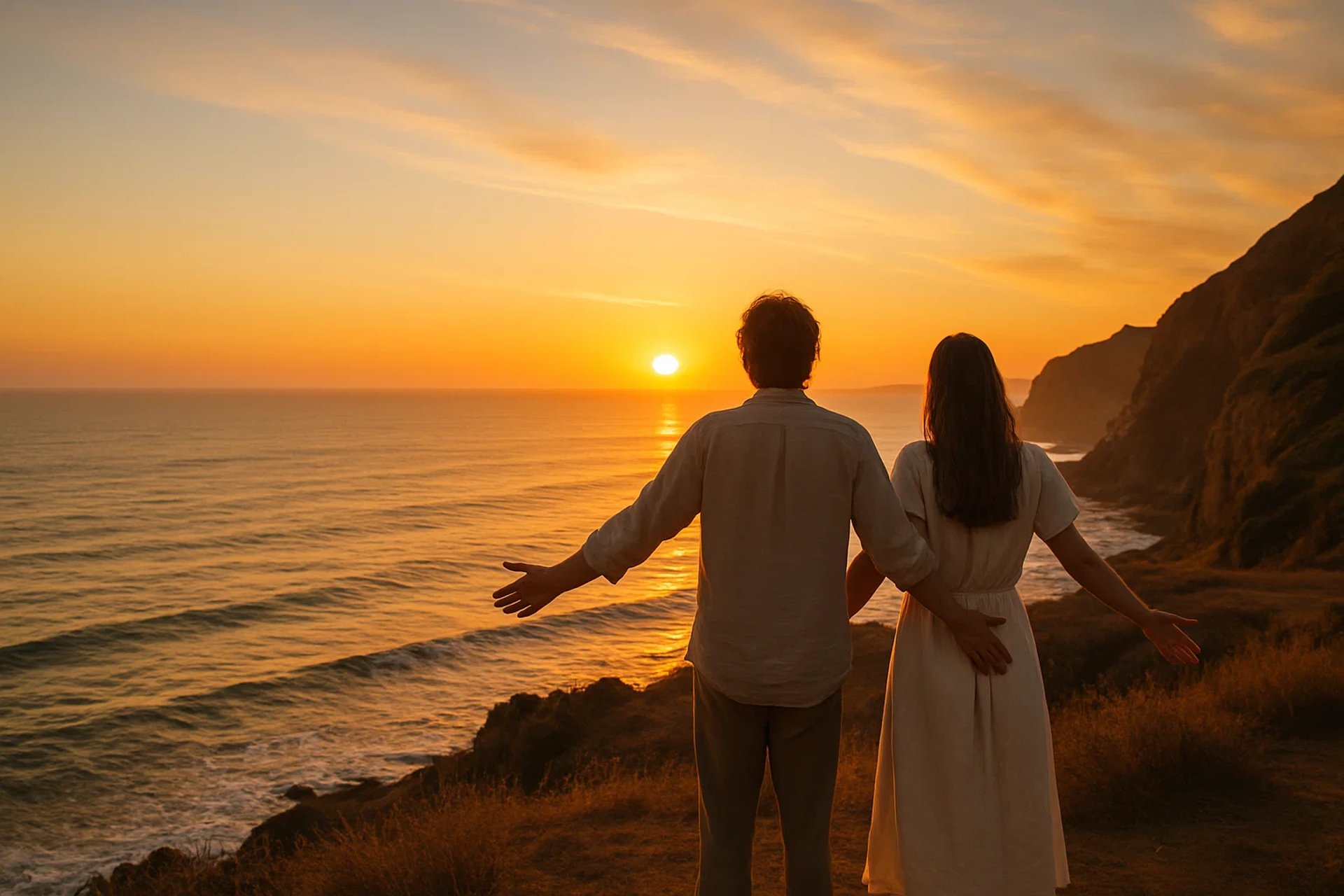 Couple en bord de mer inspirant liberté, bien-être naturel et indépendance financière