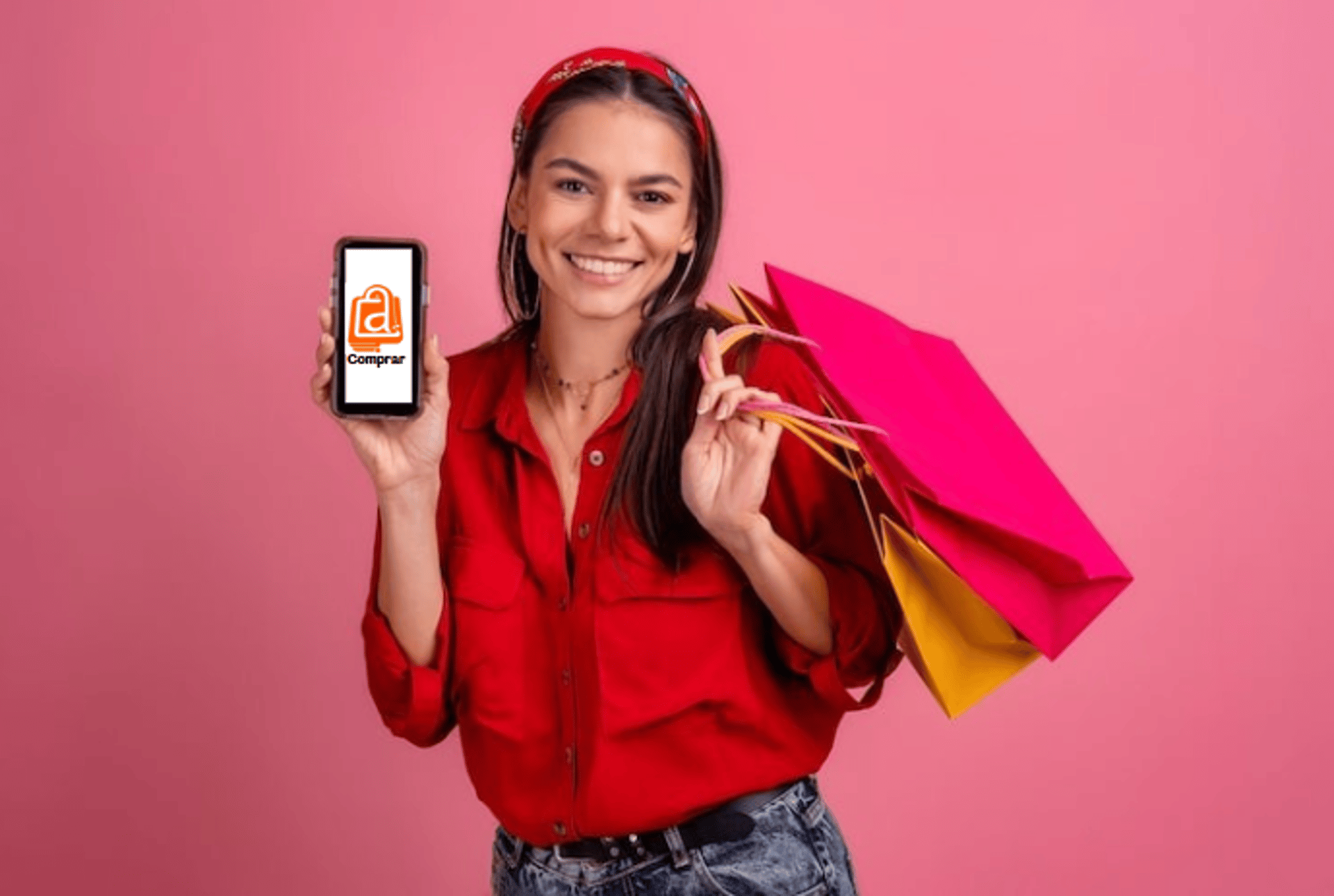 a woman in a red dress holding shopping bags