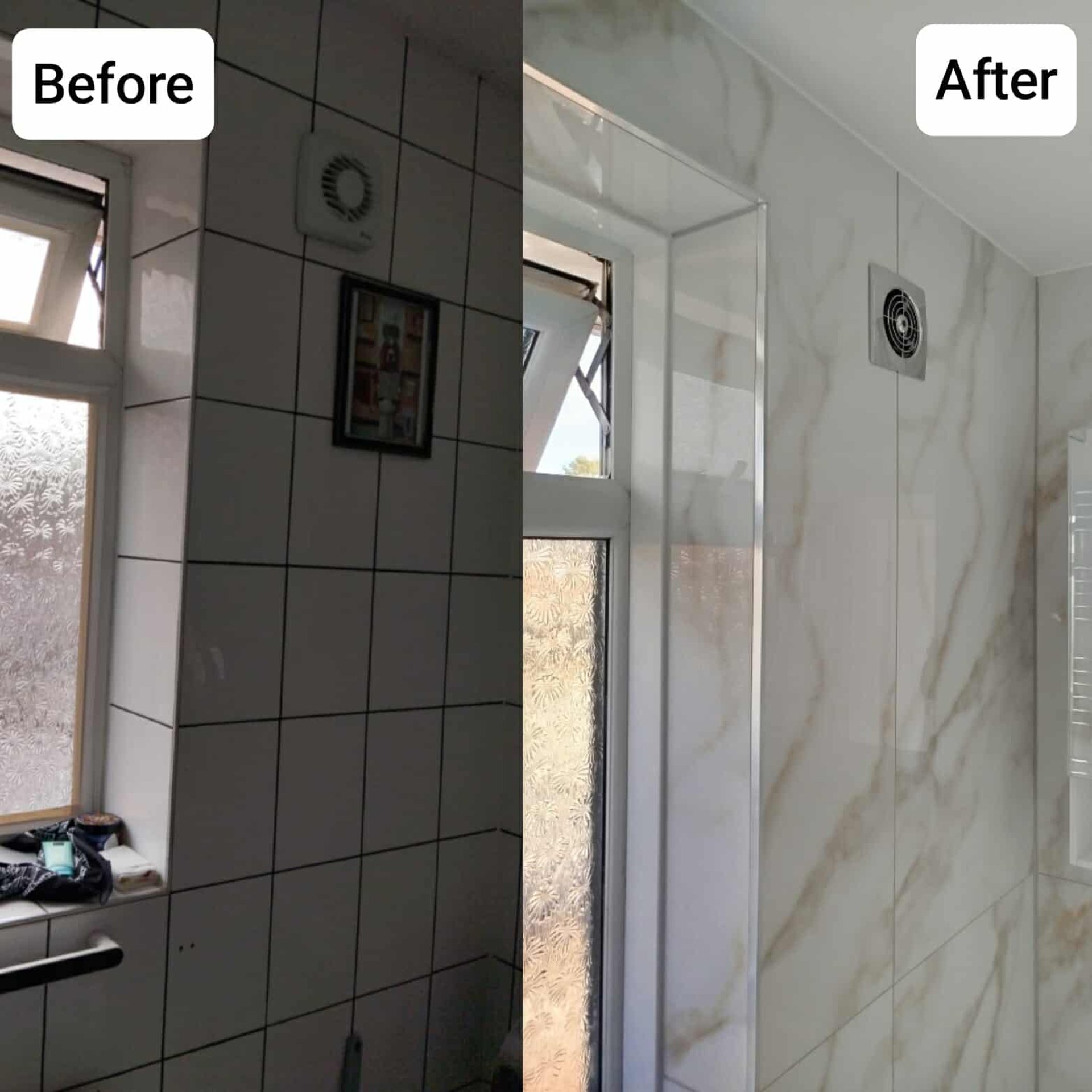 Bathroom renovation shower marble tiles before after transformation showing modern luxury upgrade in Yorkshire home